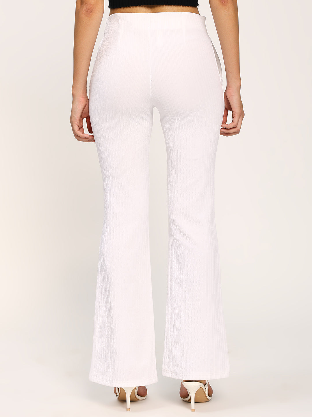 White Textured Flare Fit Fashion Pants