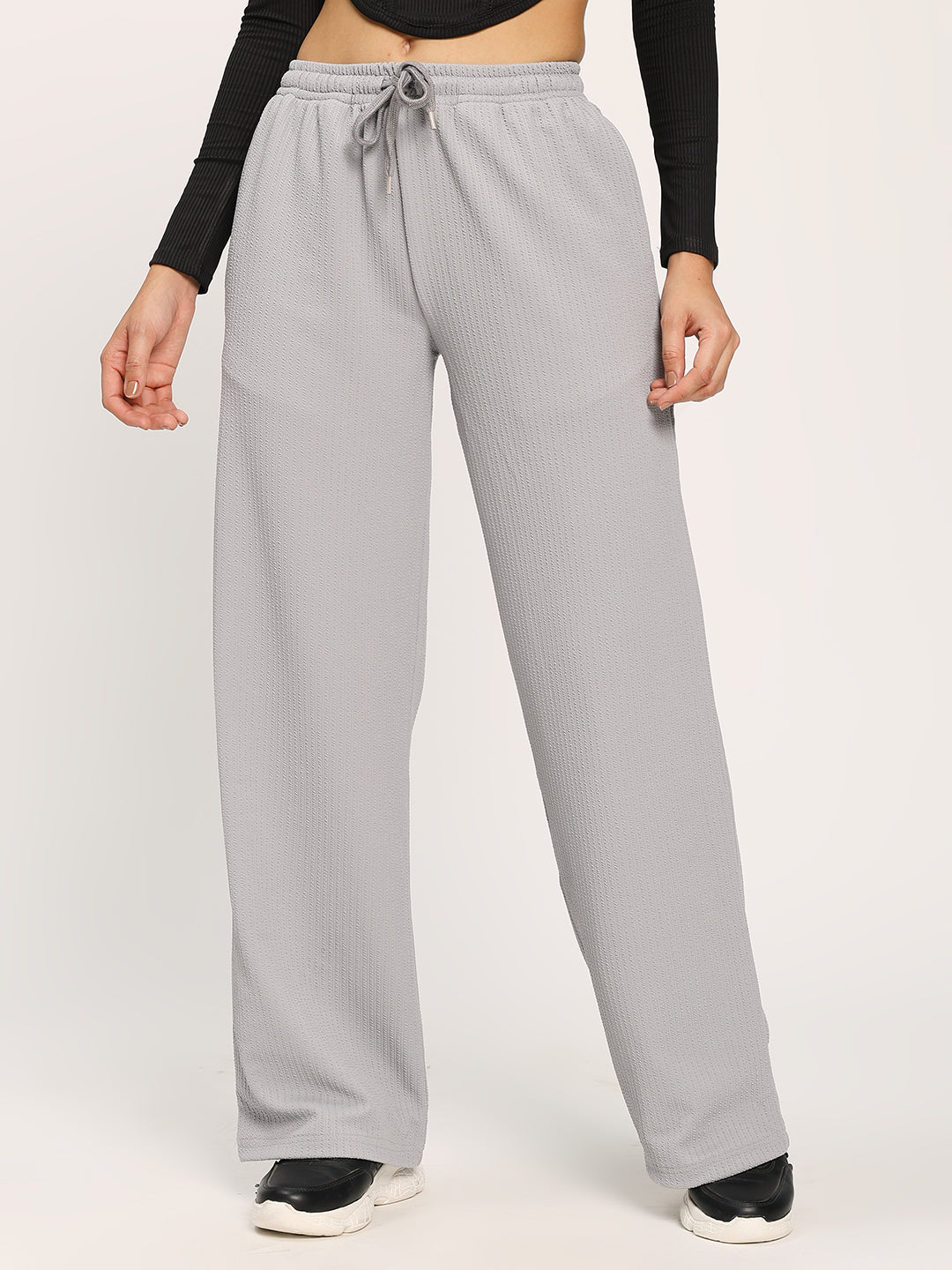 Grey Textured Straight Fit Fashion Pant