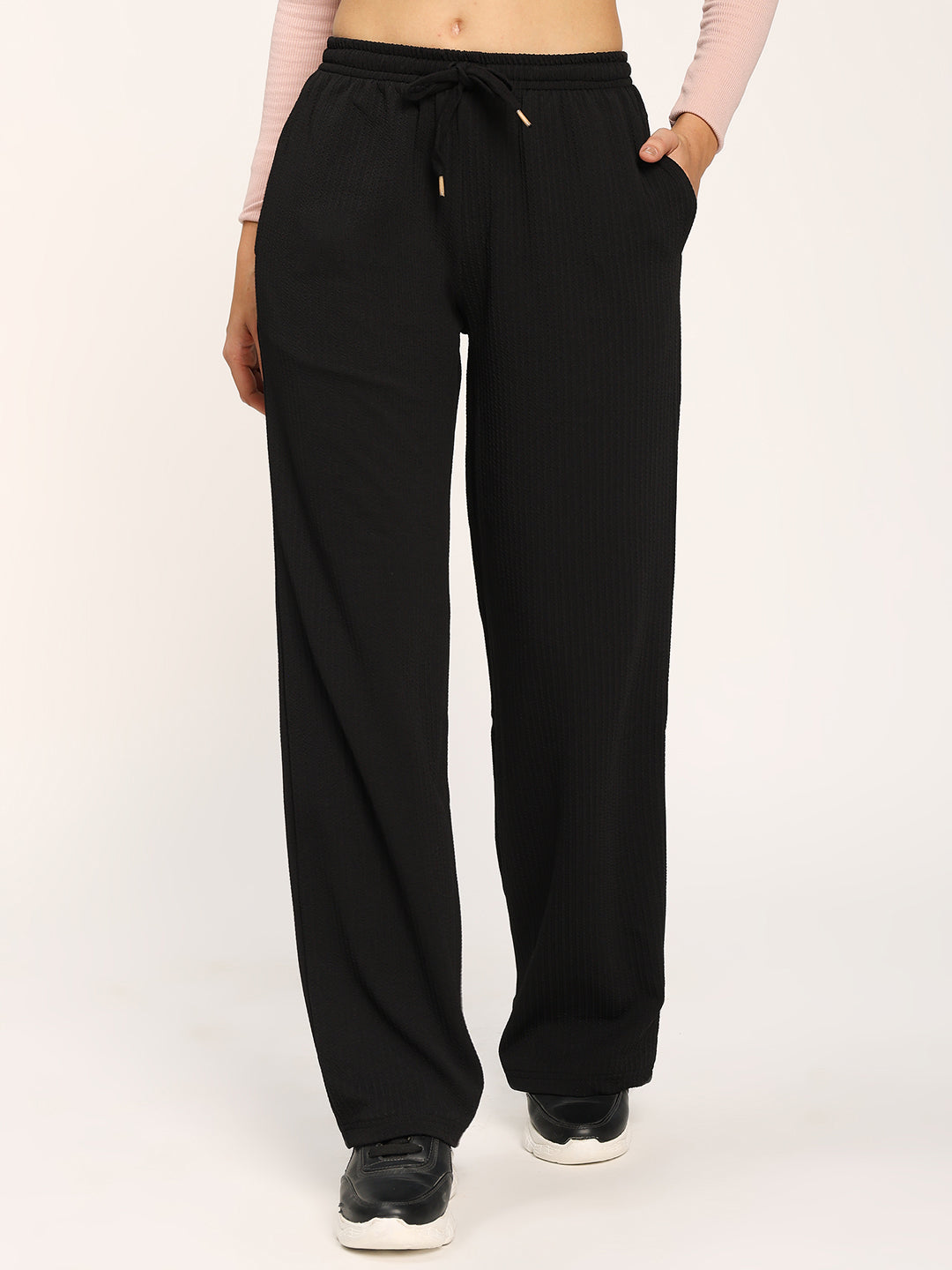 Black Textured Straight Fit Fashion Pant