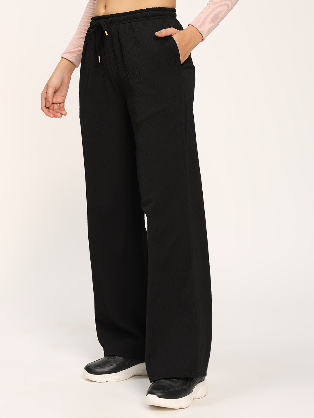 Black Textured Straight Fit Fashion Pant
