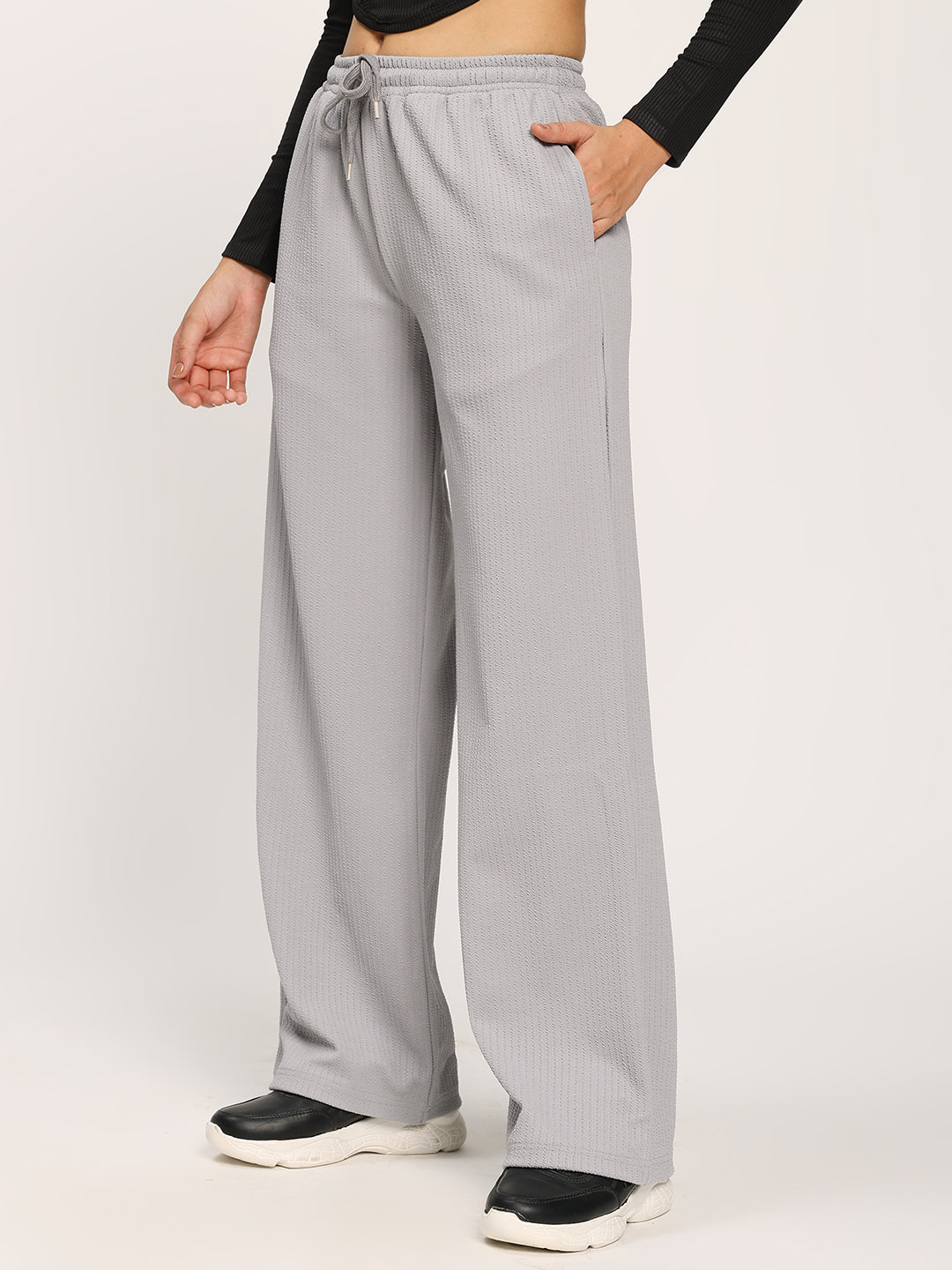Grey Textured Straight Fit Fashion Pant