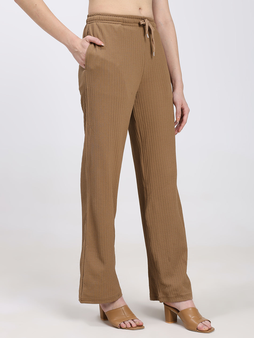 Beige Textured Straight Fit Fashion Pant