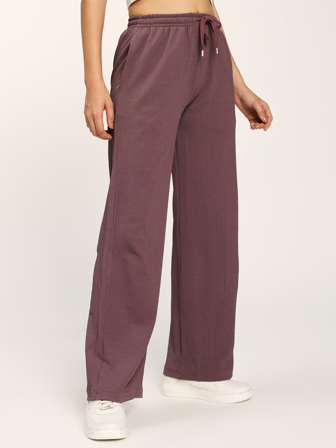 Purple Textured Straight Fit Fashion Pant