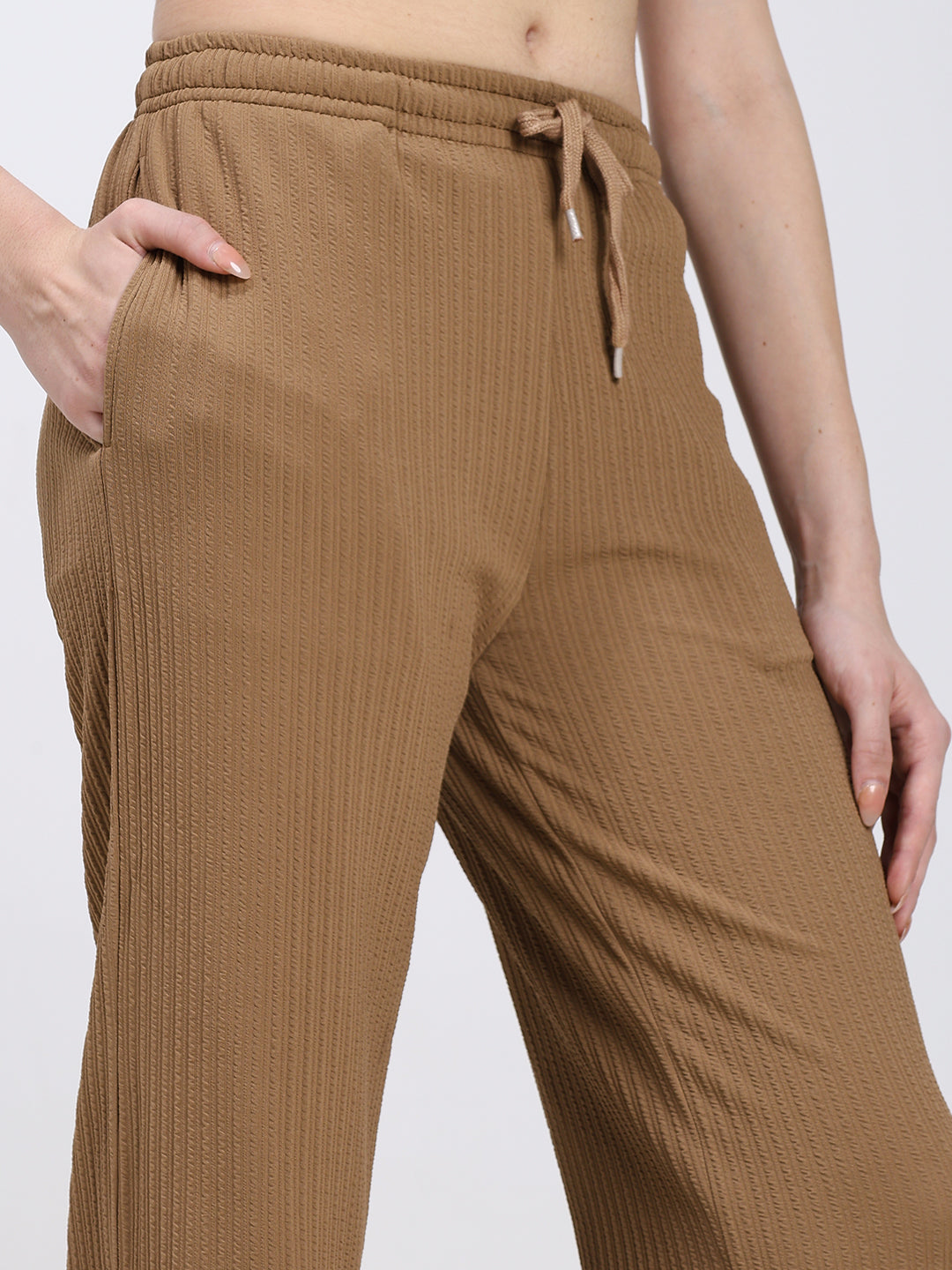 Beige Textured Straight Fit Fashion Pant
