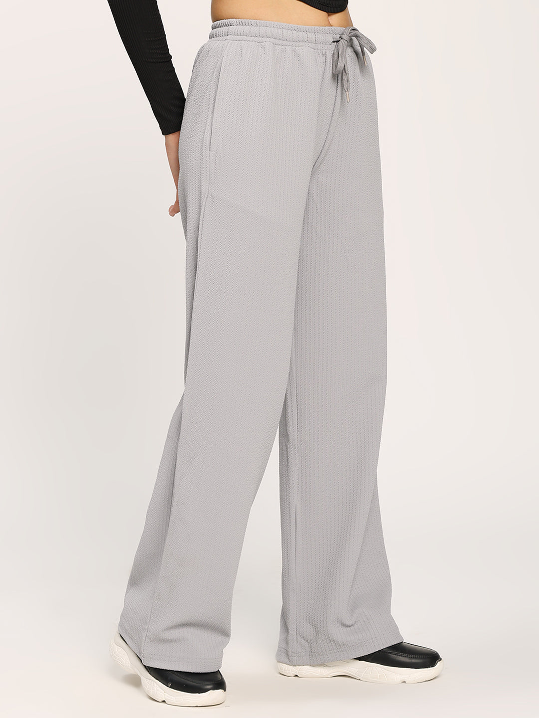 Grey Textured Straight Fit Fashion Pant