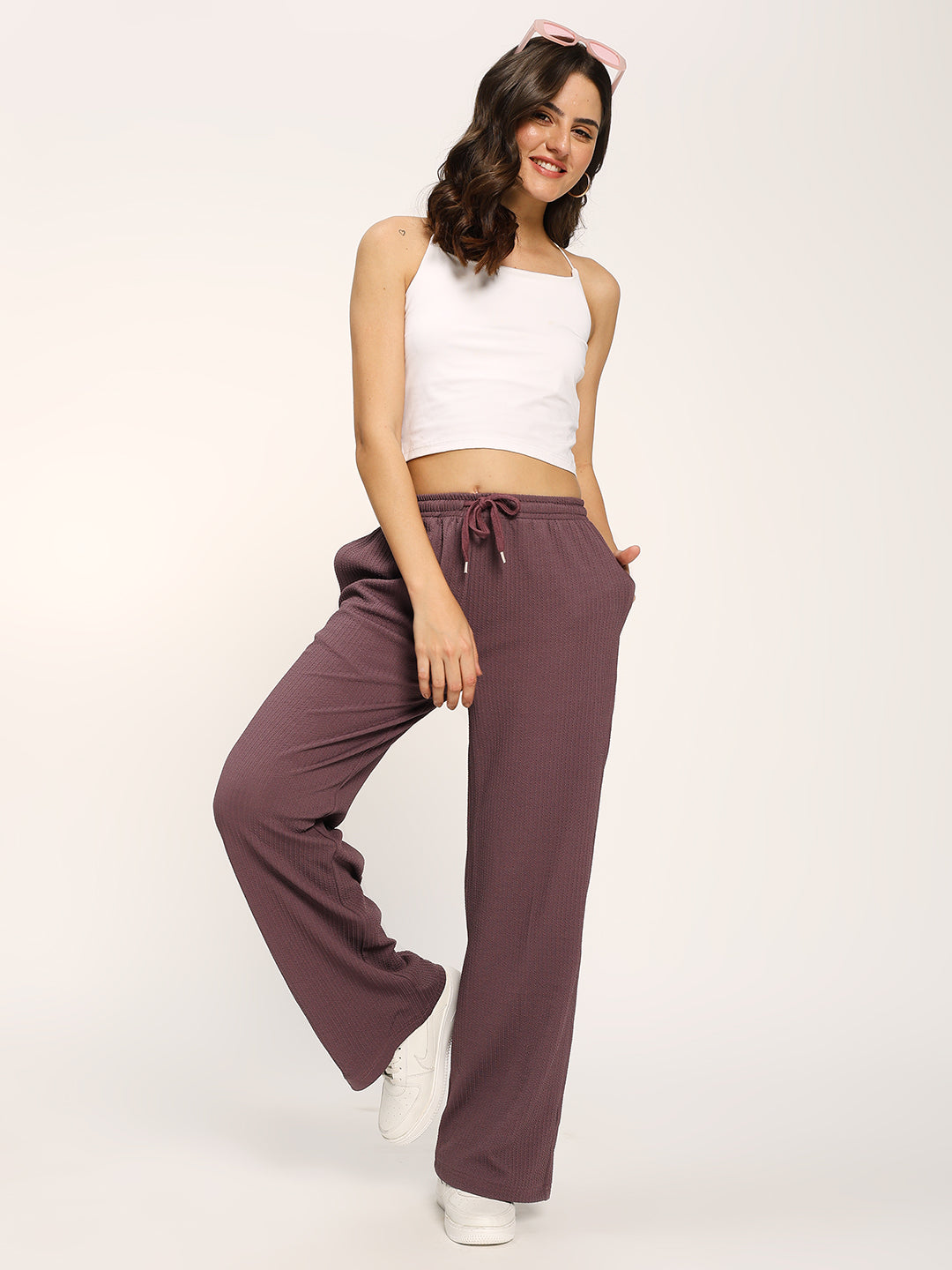 Purple Textured Straight Fit Fashion Pant