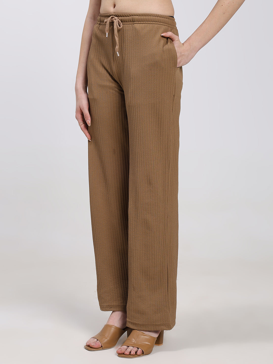 Beige Textured Straight Fit Fashion Pant