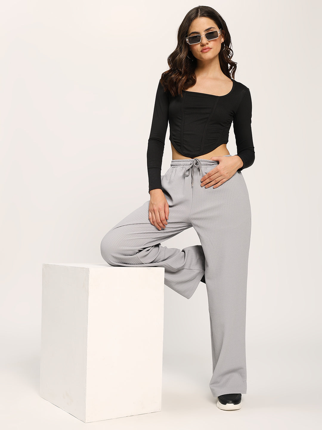 Grey Textured Straight Fit Fashion Pant