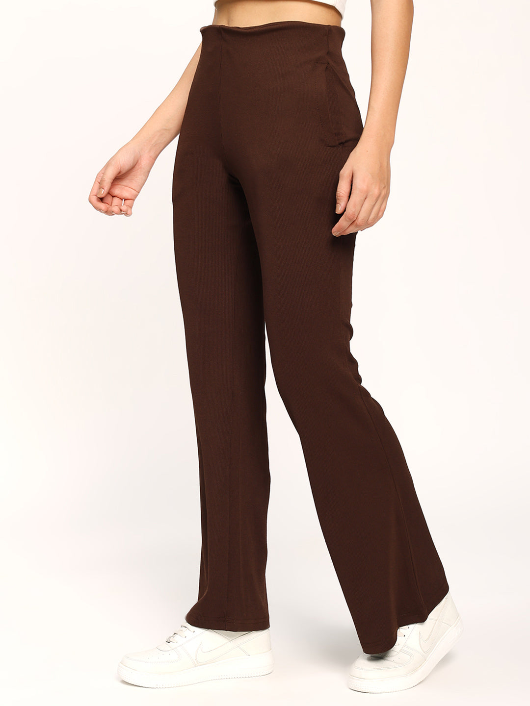 Coffee Textured Rib Flare Fit Fashion Pants