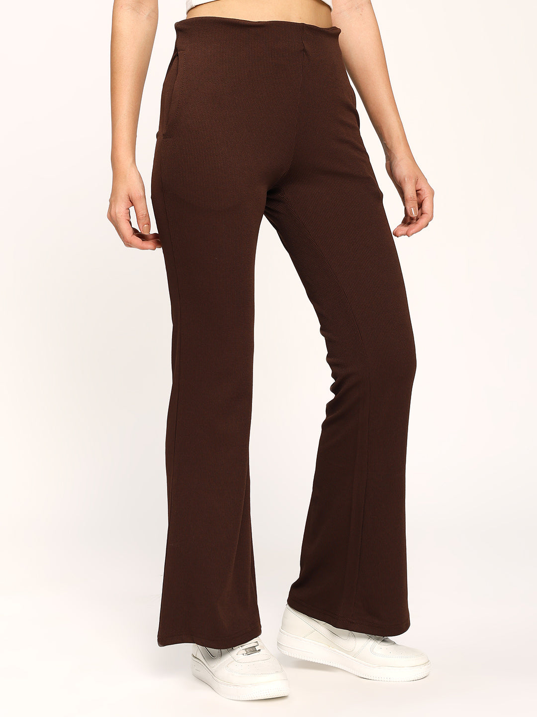 Coffee Textured Rib Flare Fit Fashion Pants
