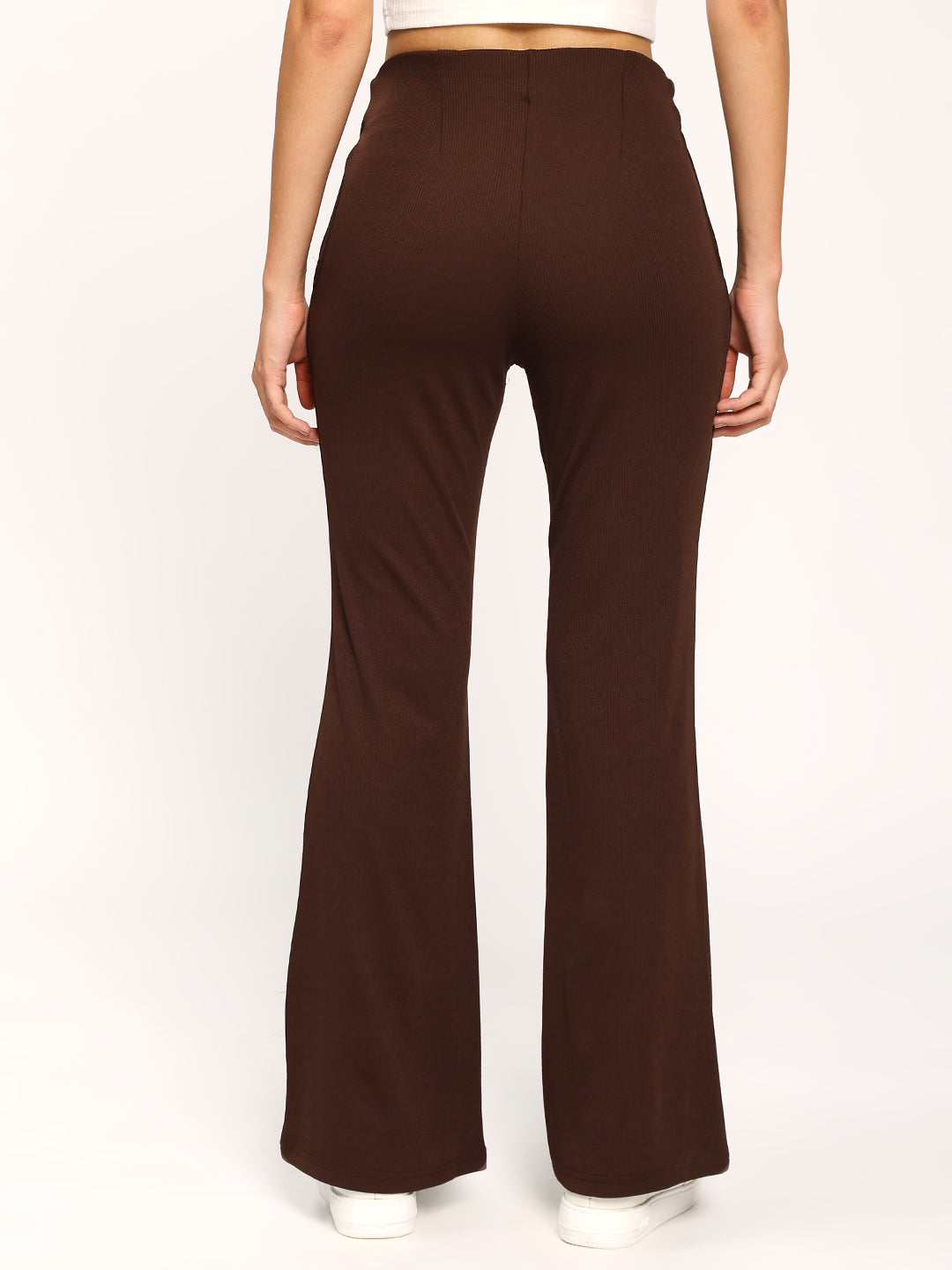 Coffee Textured Rib Flare Fit Fashion Pants