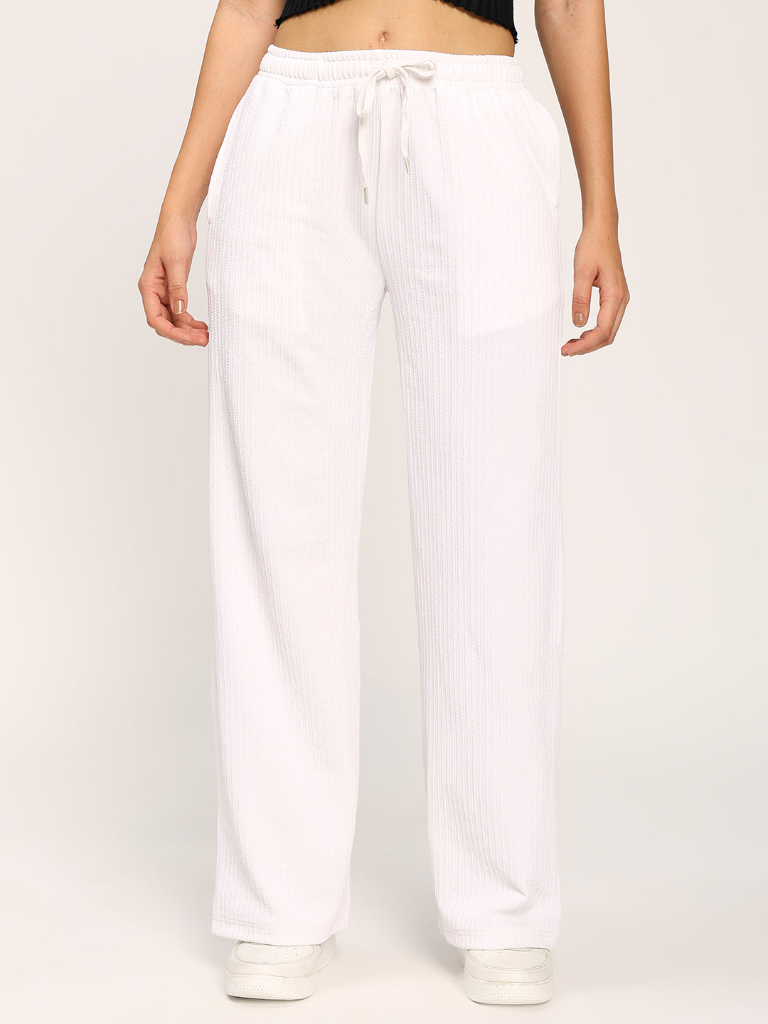 White Textured Straight Fit Fashion Pant