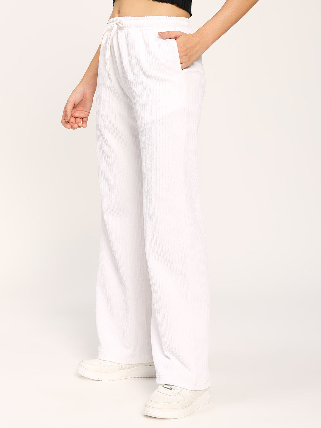 White Textured Straight Fit Fashion Pant