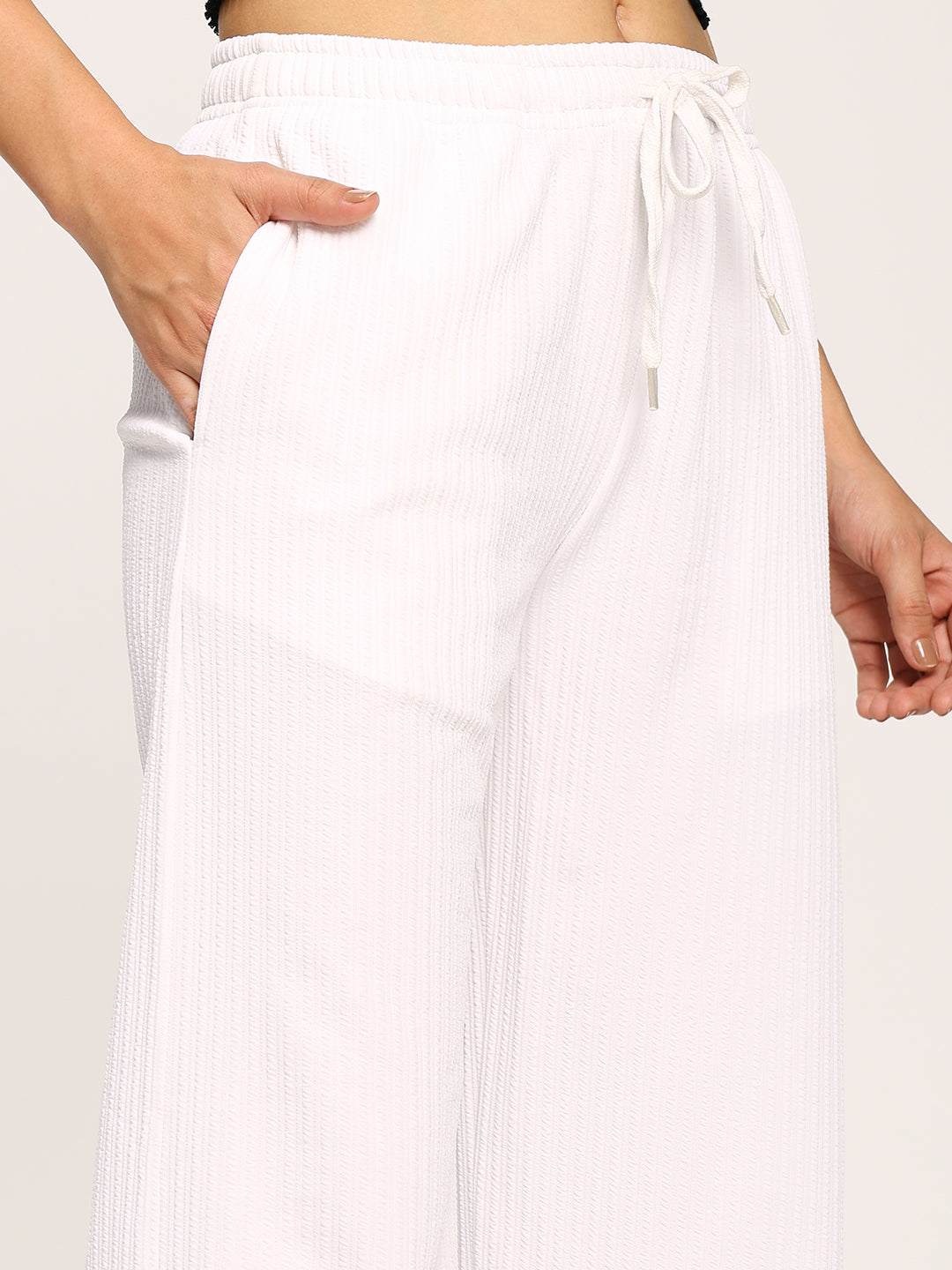 White Textured Straight Fit Fashion Pant