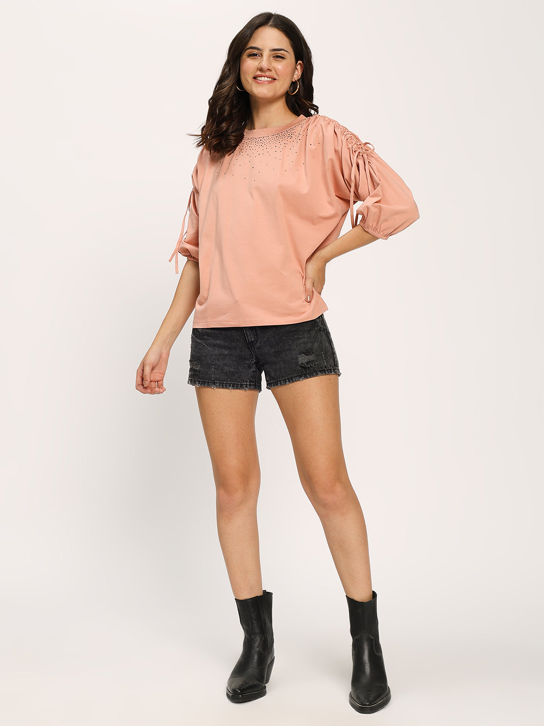 Pink Basic Fashion Casual Top With Stonework