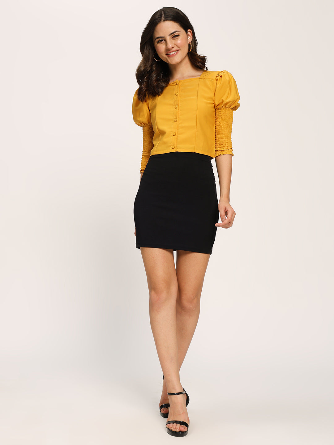 Yellow Fashion Crop Top With Smocking Fashion Sleeves