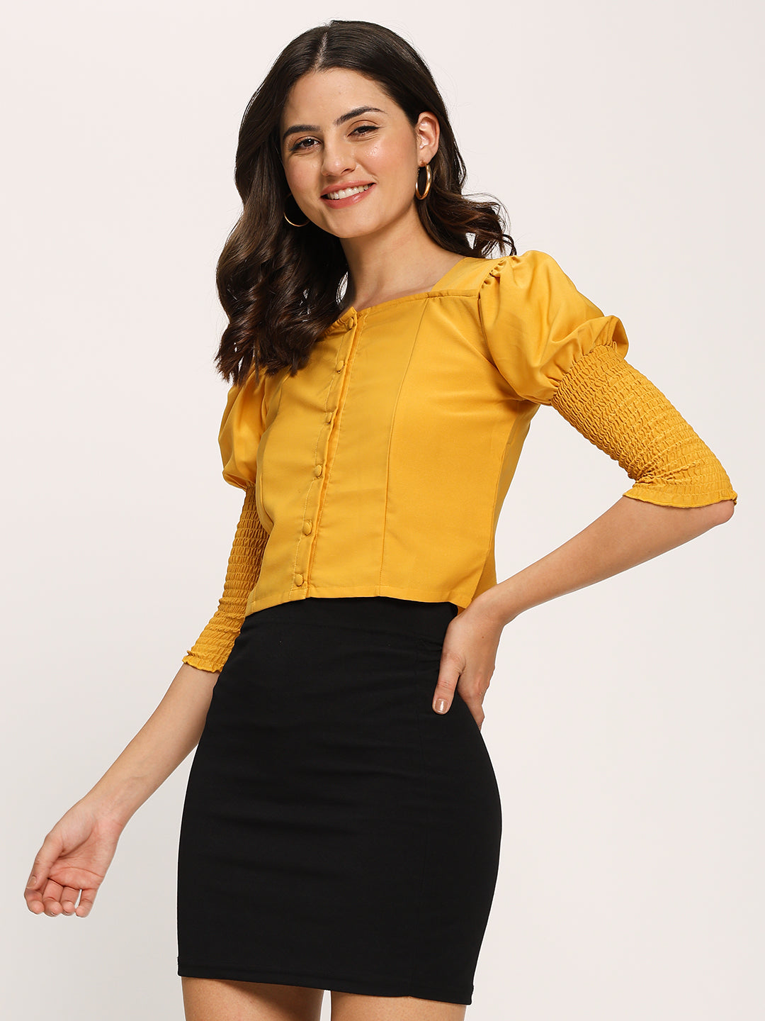 Yellow Fashion Crop Top With Smocking Fashion Sleeves