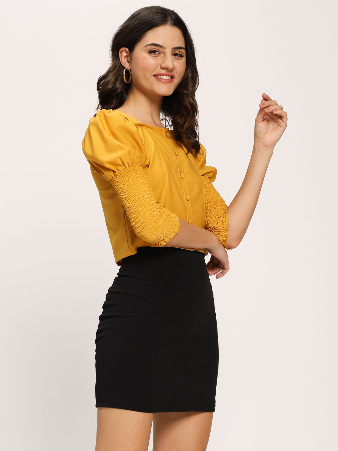 Yellow Fashion Crop Top With Smocking Fashion Sleeves