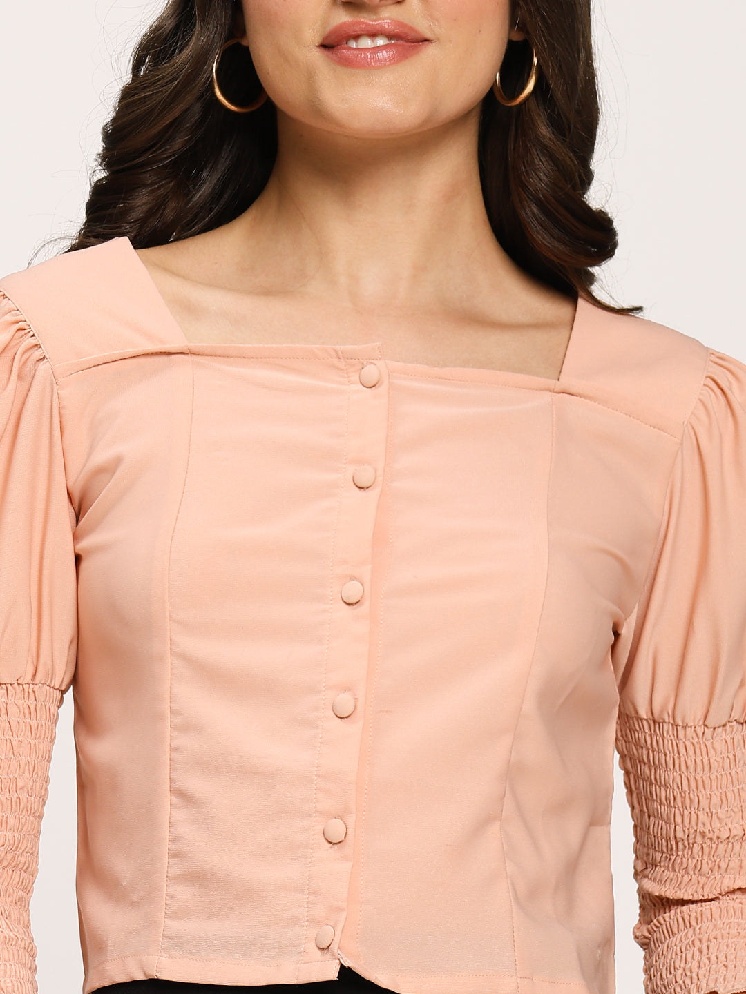 Pink Fashion Crop Top With Smocking Fashion Sleeves