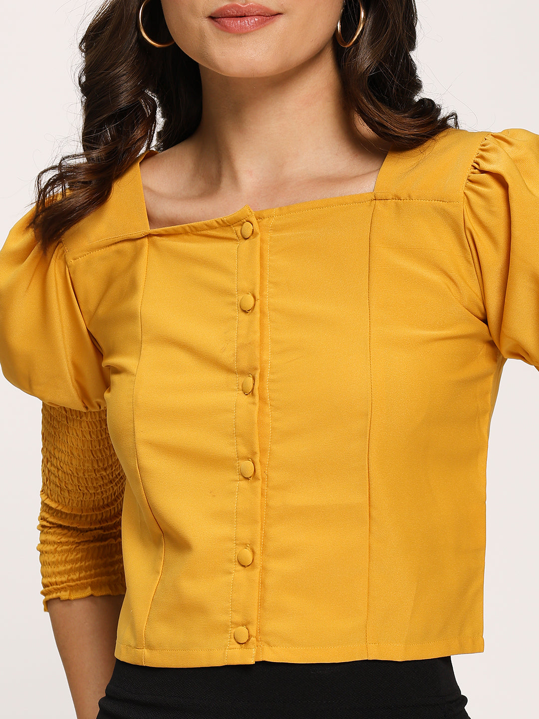 Yellow Fashion Crop Top With Smocking Fashion Sleeves