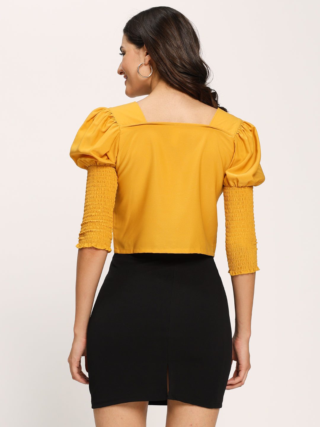 Yellow Fashion Crop Top With Smocking Fashion Sleeves