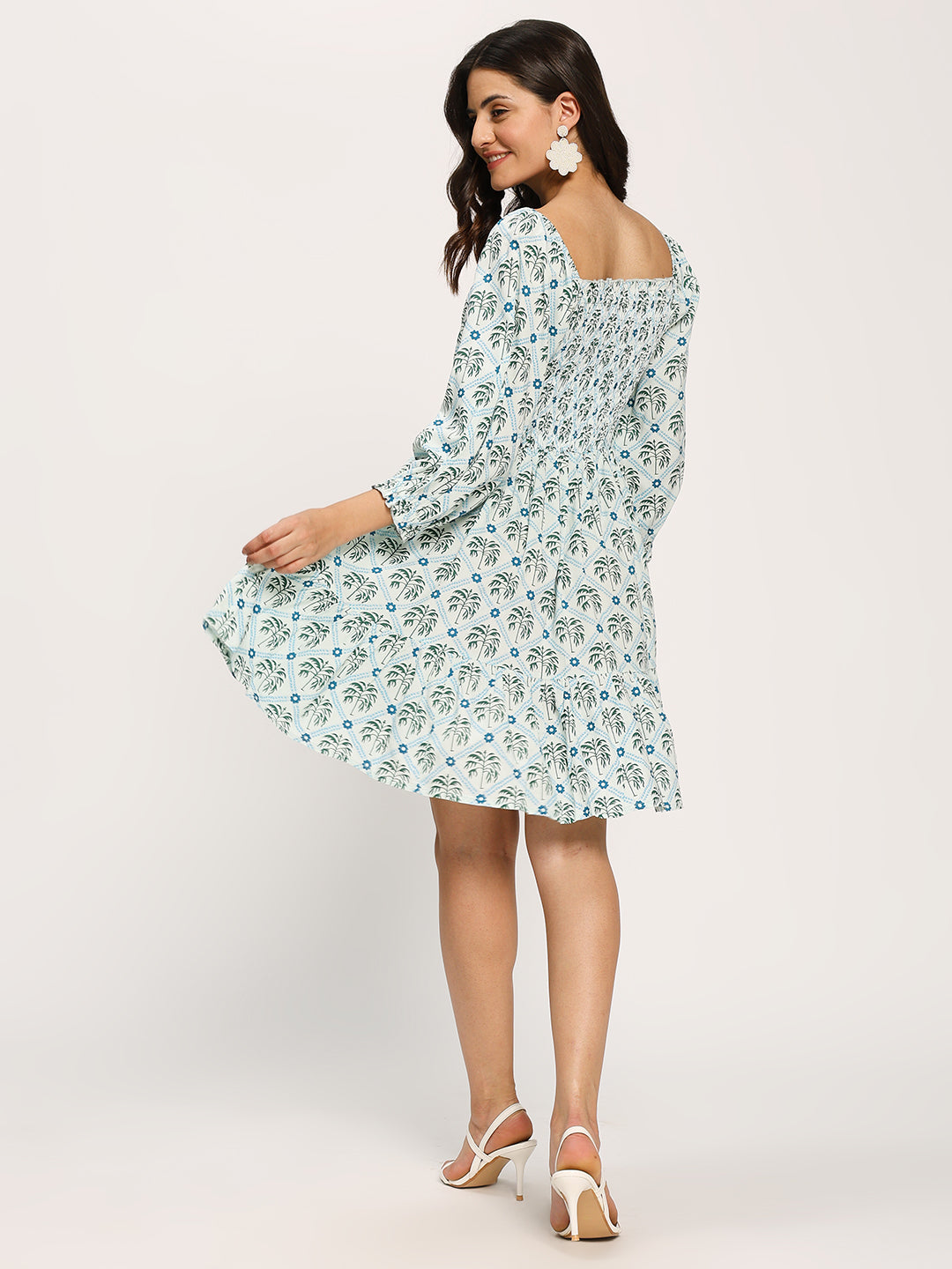 Green Fashion Floral Print Smocking Dress