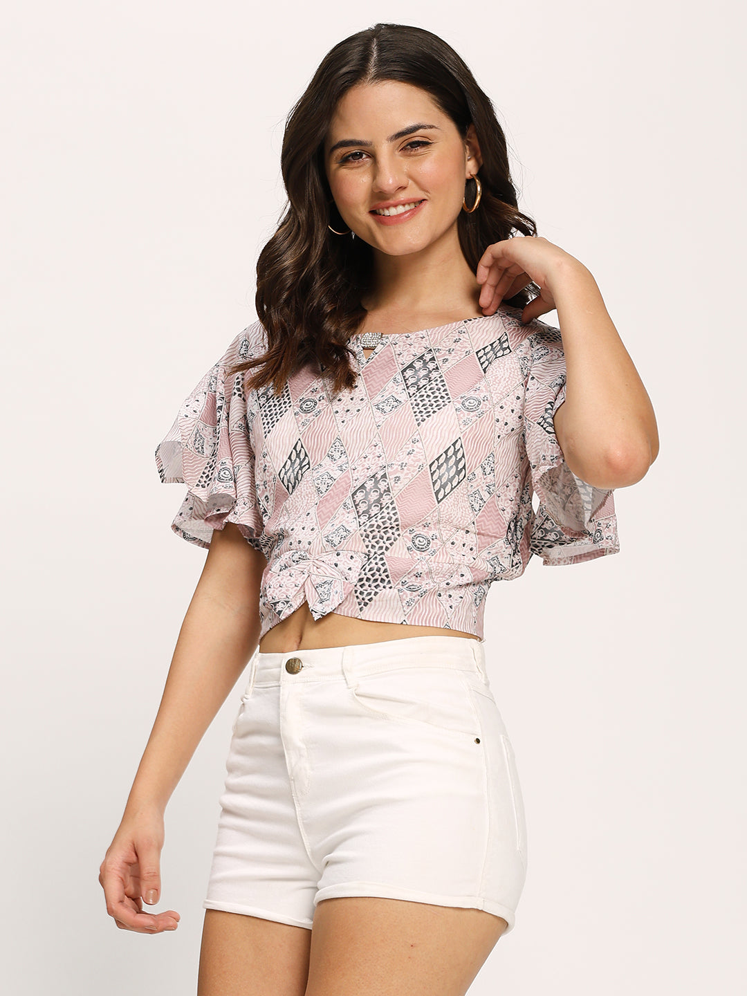 Pink Fashion Geometric Print Crop Top