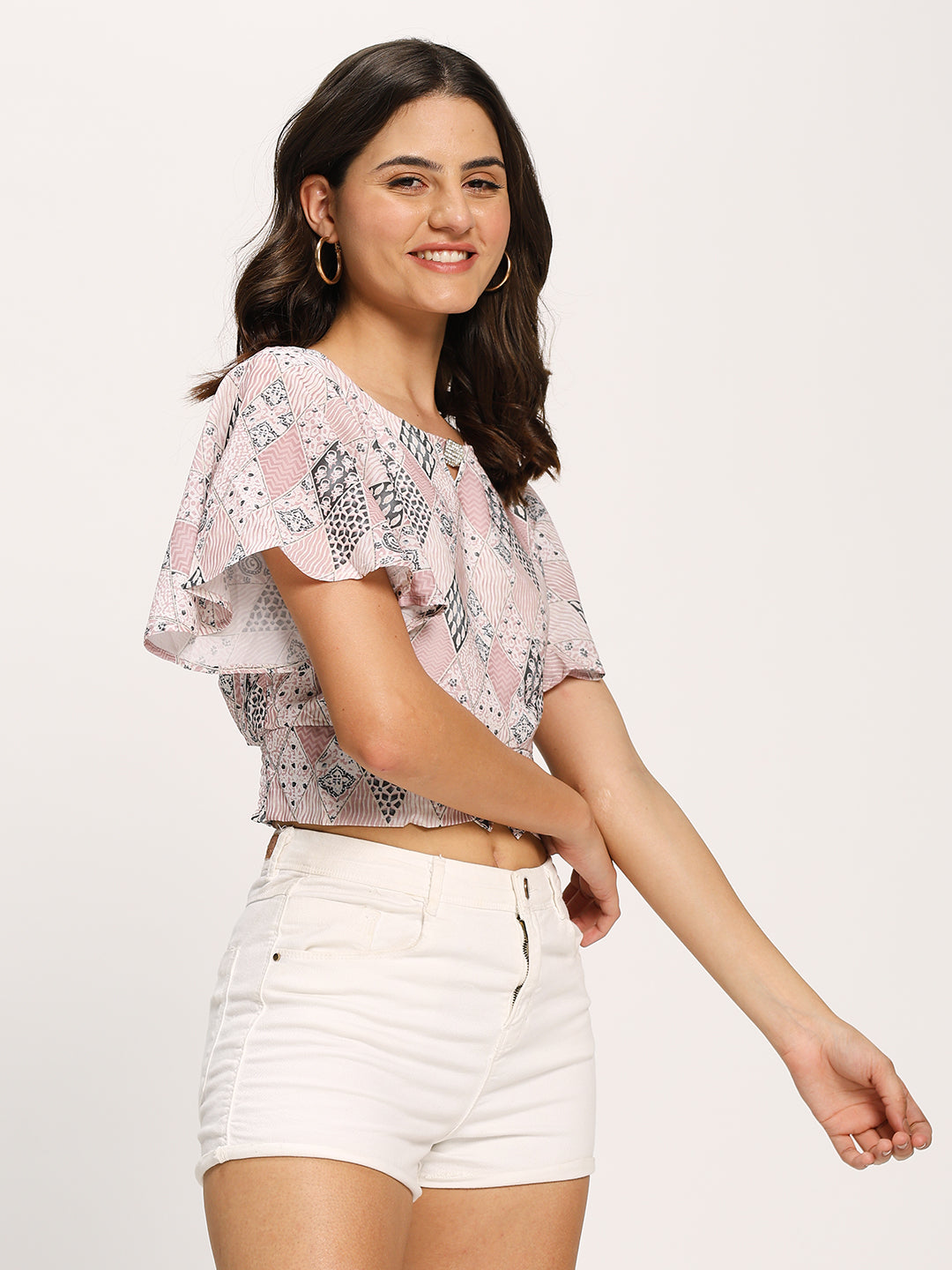 Pink Fashion Geometric Print Crop Top