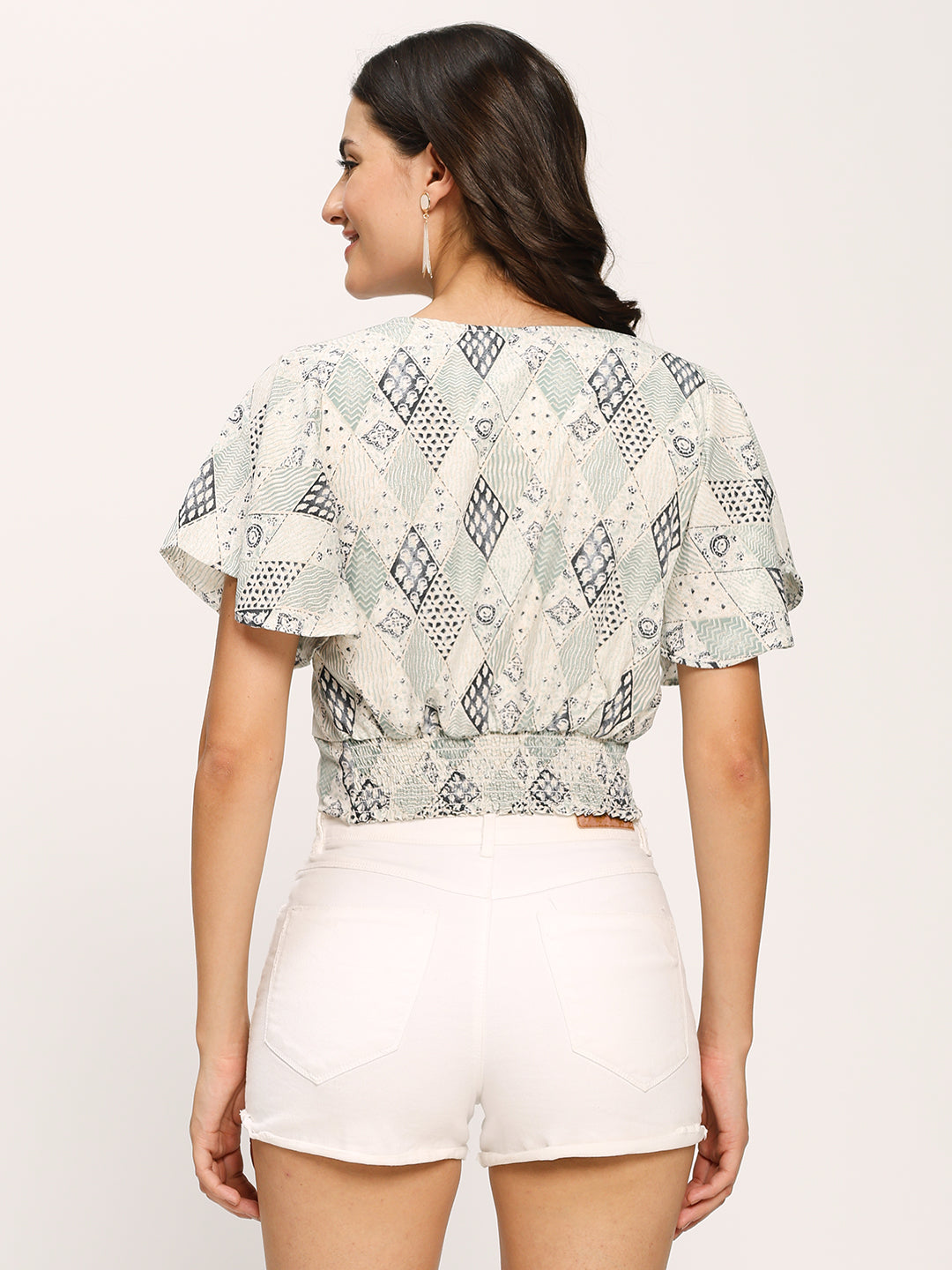 Green Fashion Geometric Print Crop Top