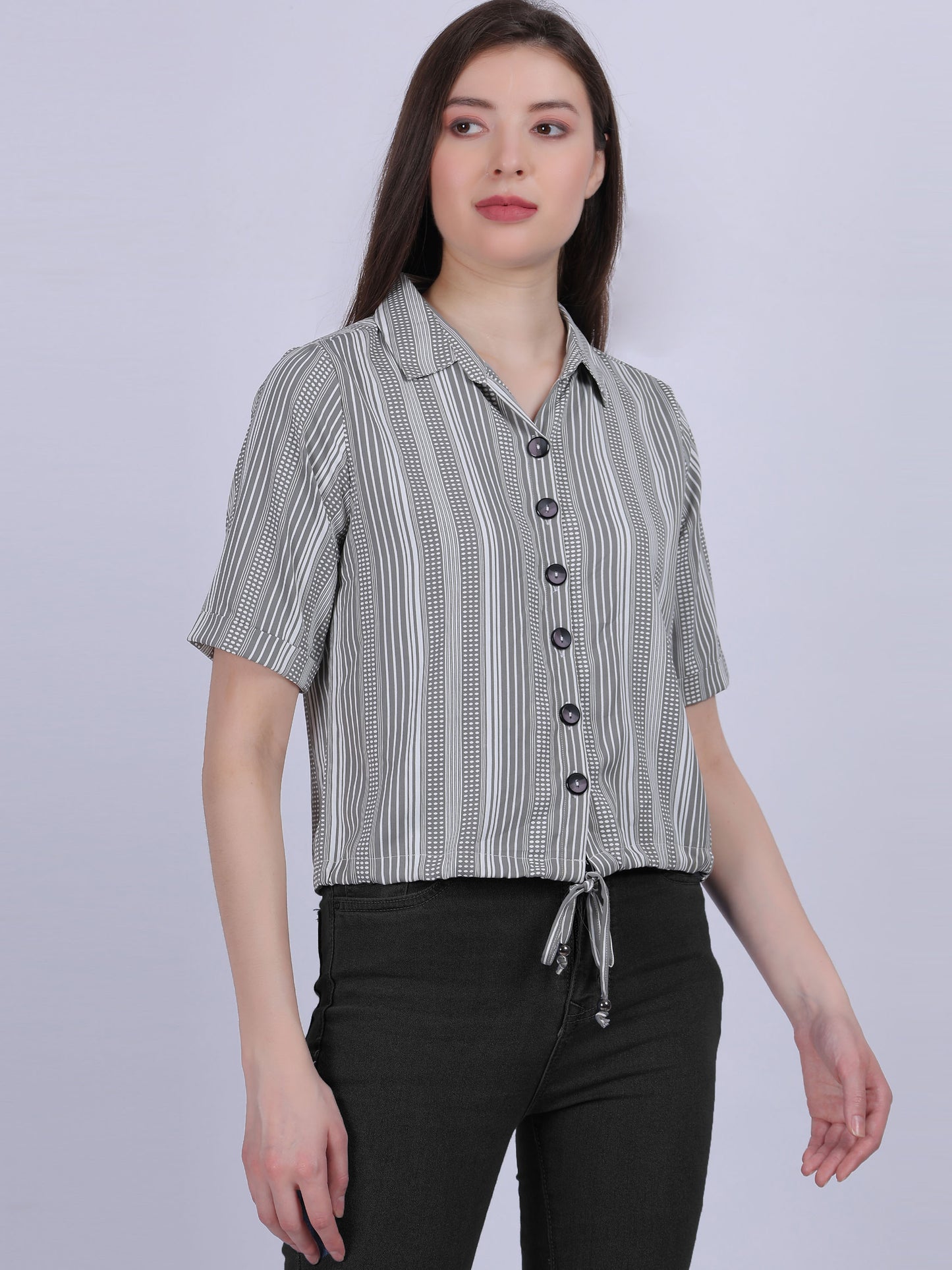 Stripe Print Crop Shirt With Tassels Cord