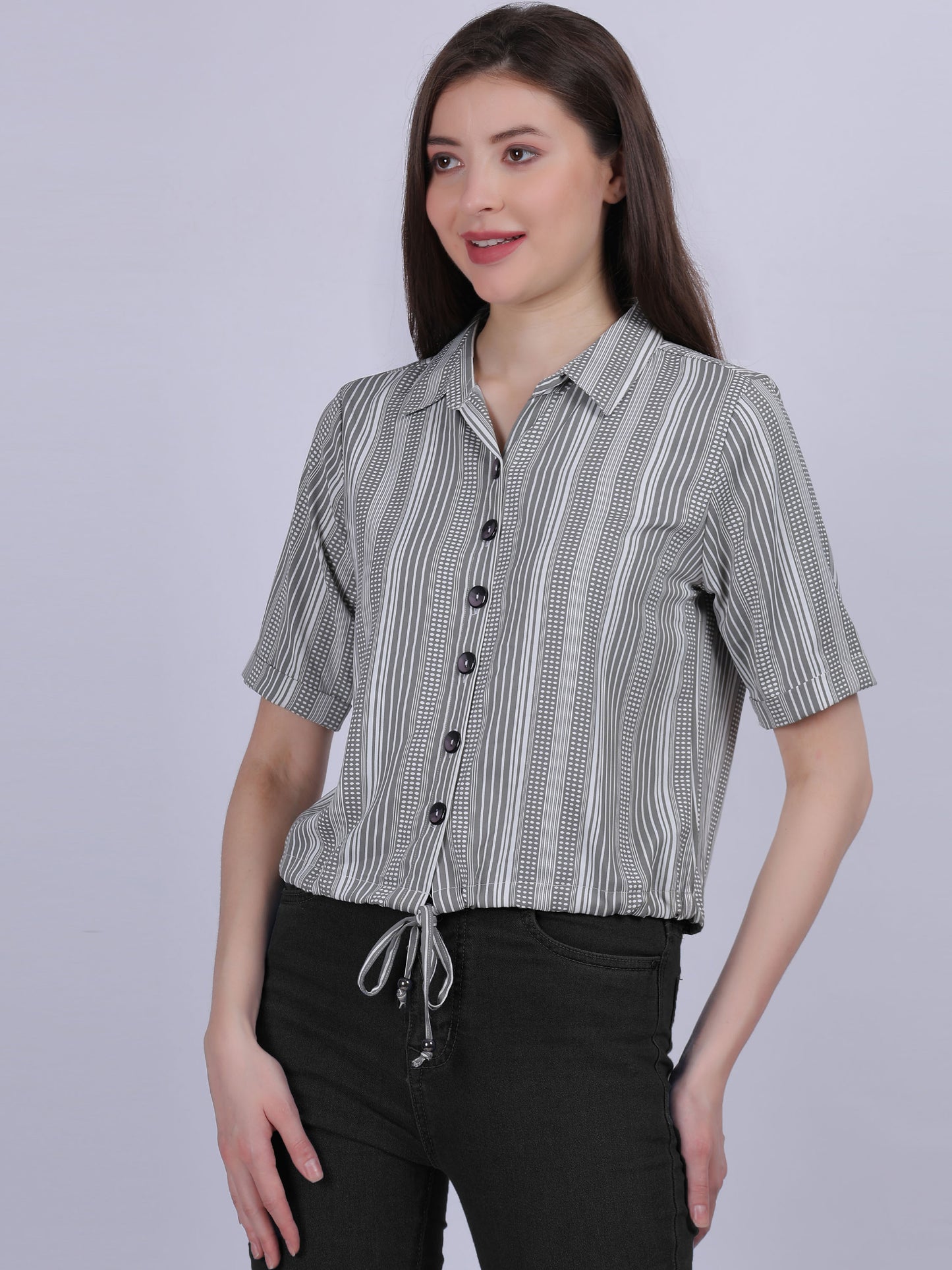 Stripe Print Crop Shirt With Tassels Cord
