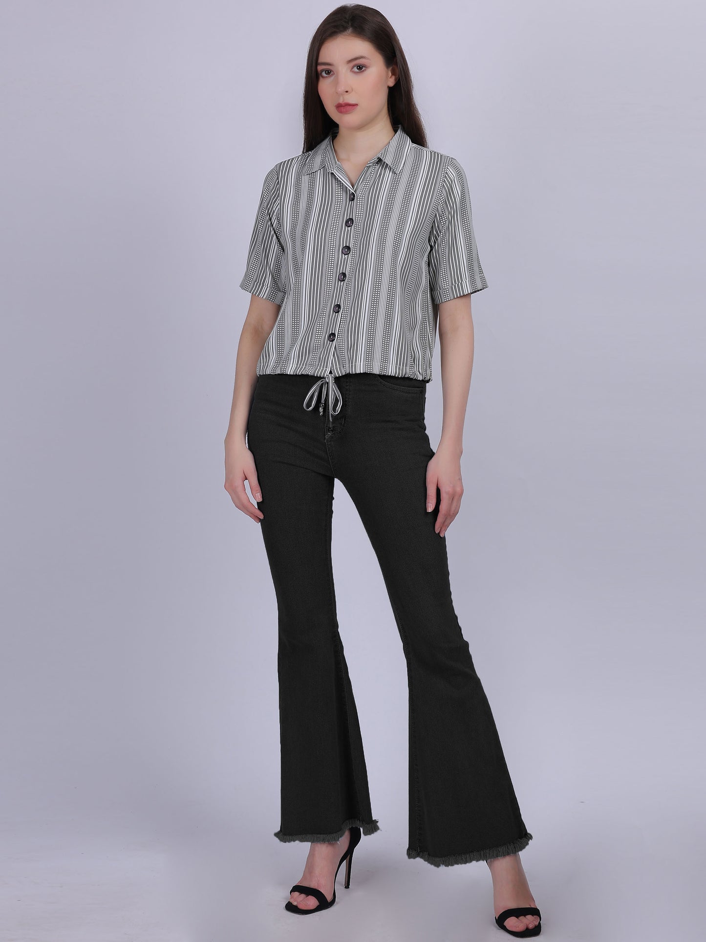 Stripe Print Crop Shirt With Tassels Cord