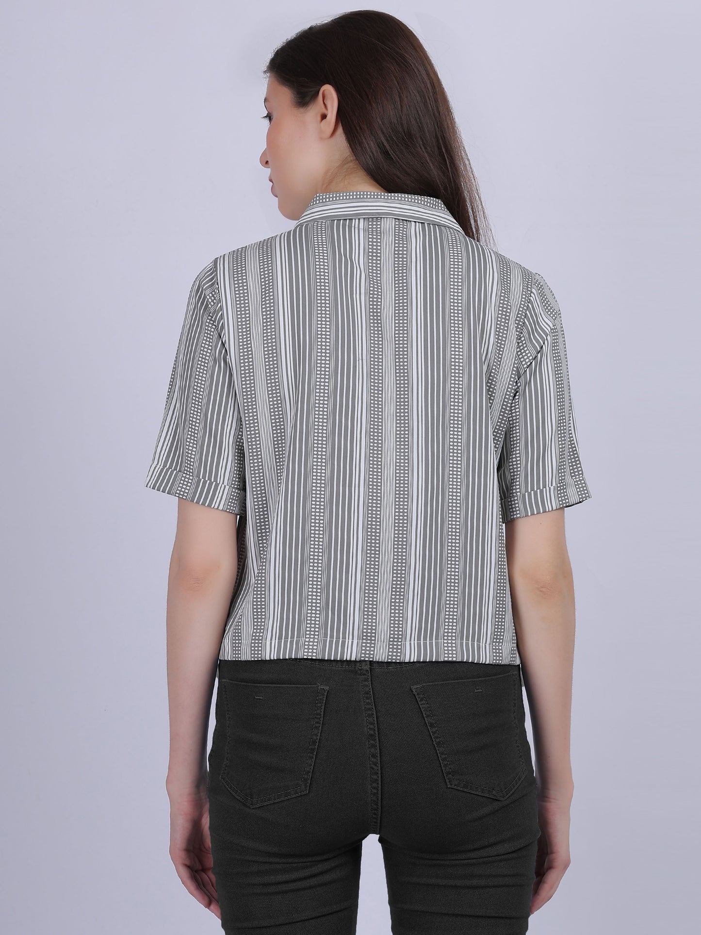 Stripe Print Crop Shirt With Tassels Cord