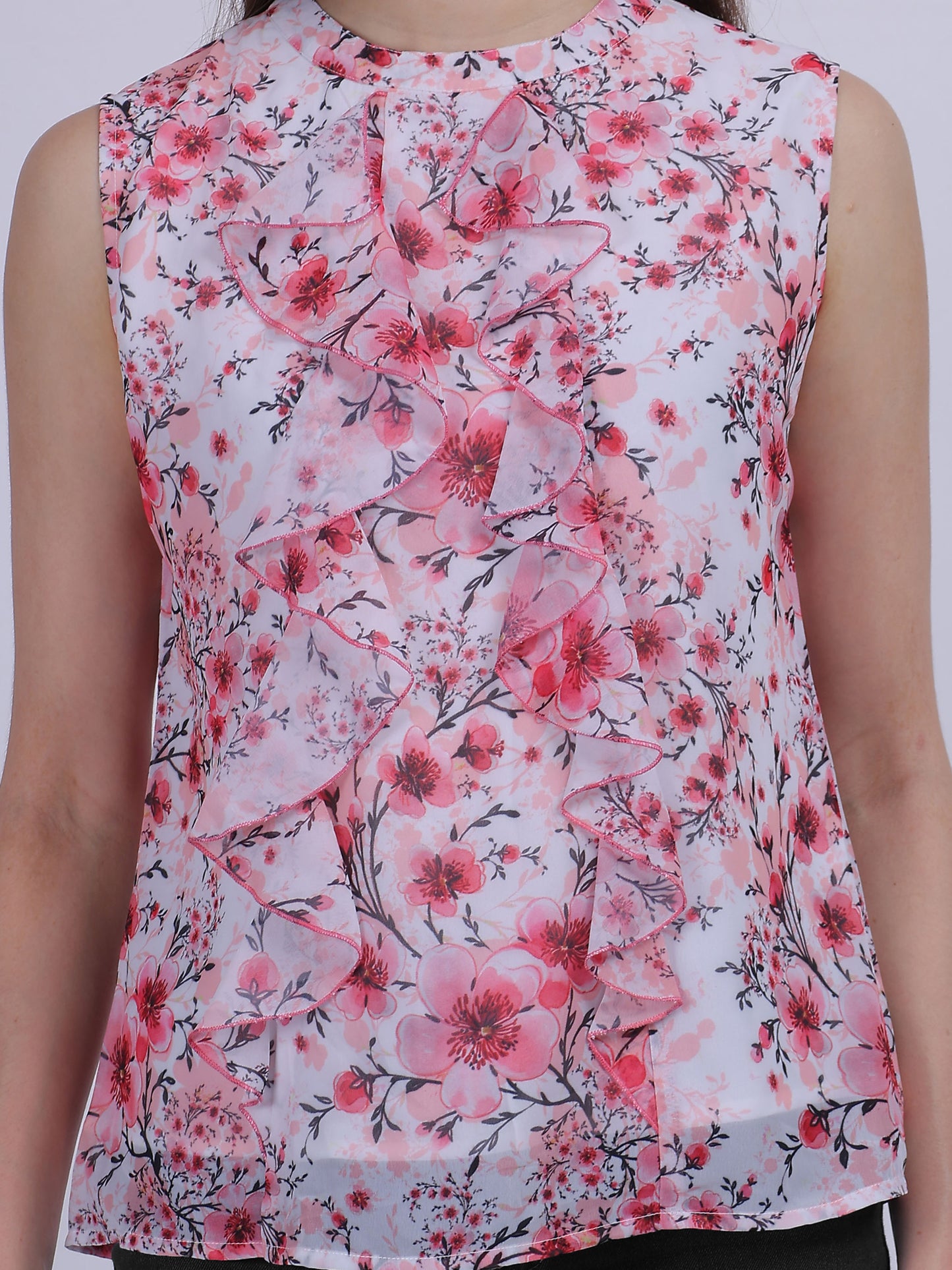 Pink Floral Print Basic Fashion Ruffle Top