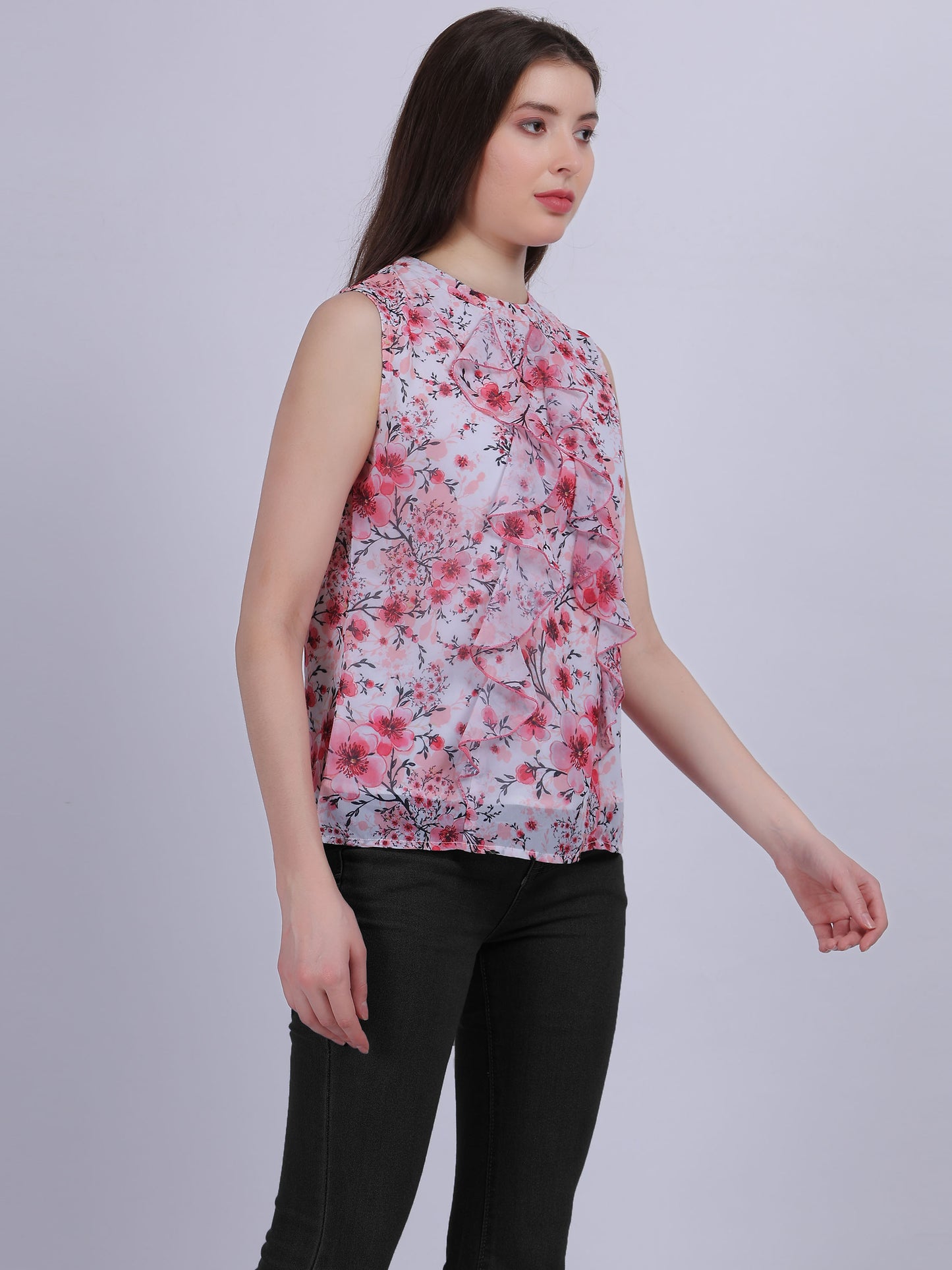 Pink Floral Print Basic Fashion Ruffle Top