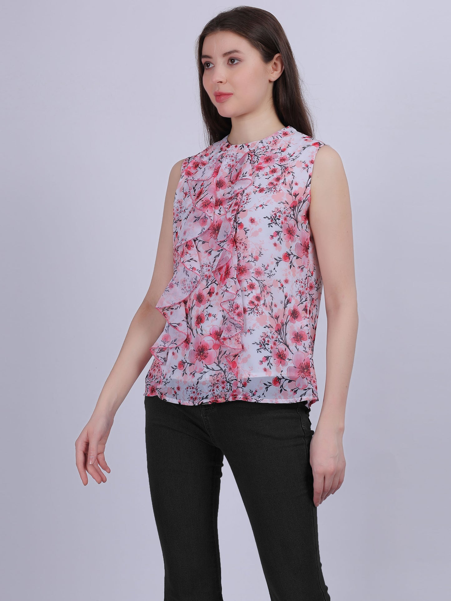 Pink Floral Print Basic Fashion Ruffle Top