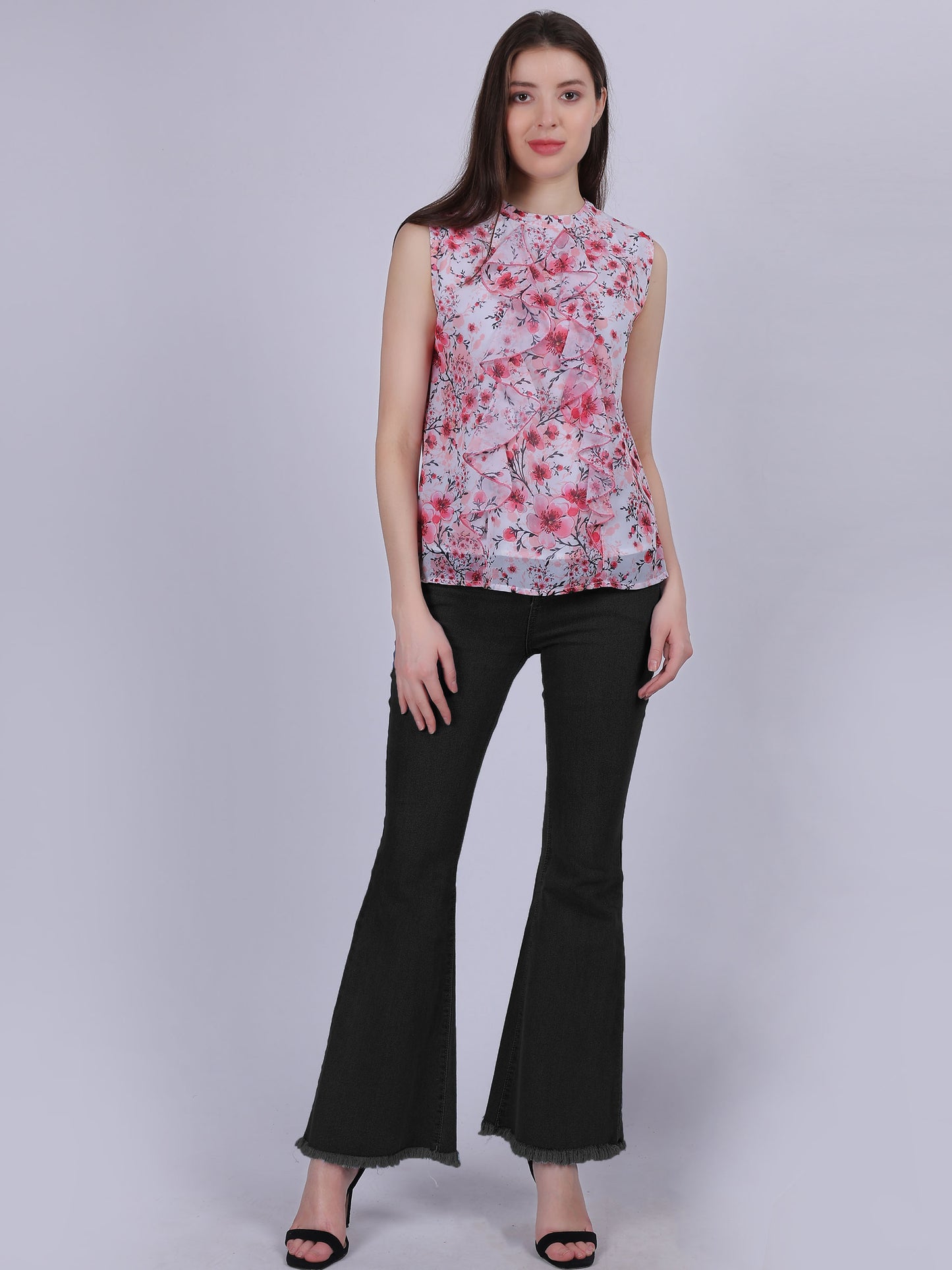 Pink Floral Print Basic Fashion Ruffle Top