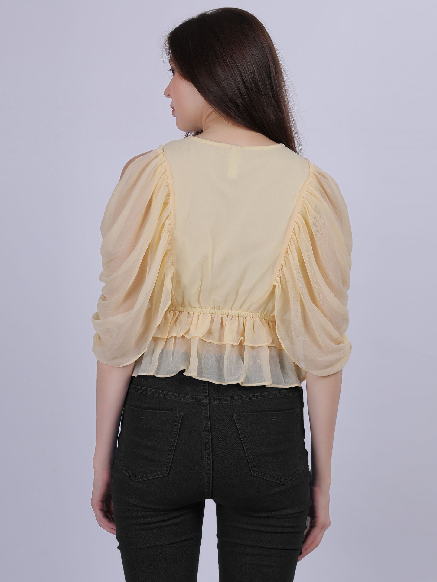 Yellow Solid Basic Casual Top With Lace Embellishment
