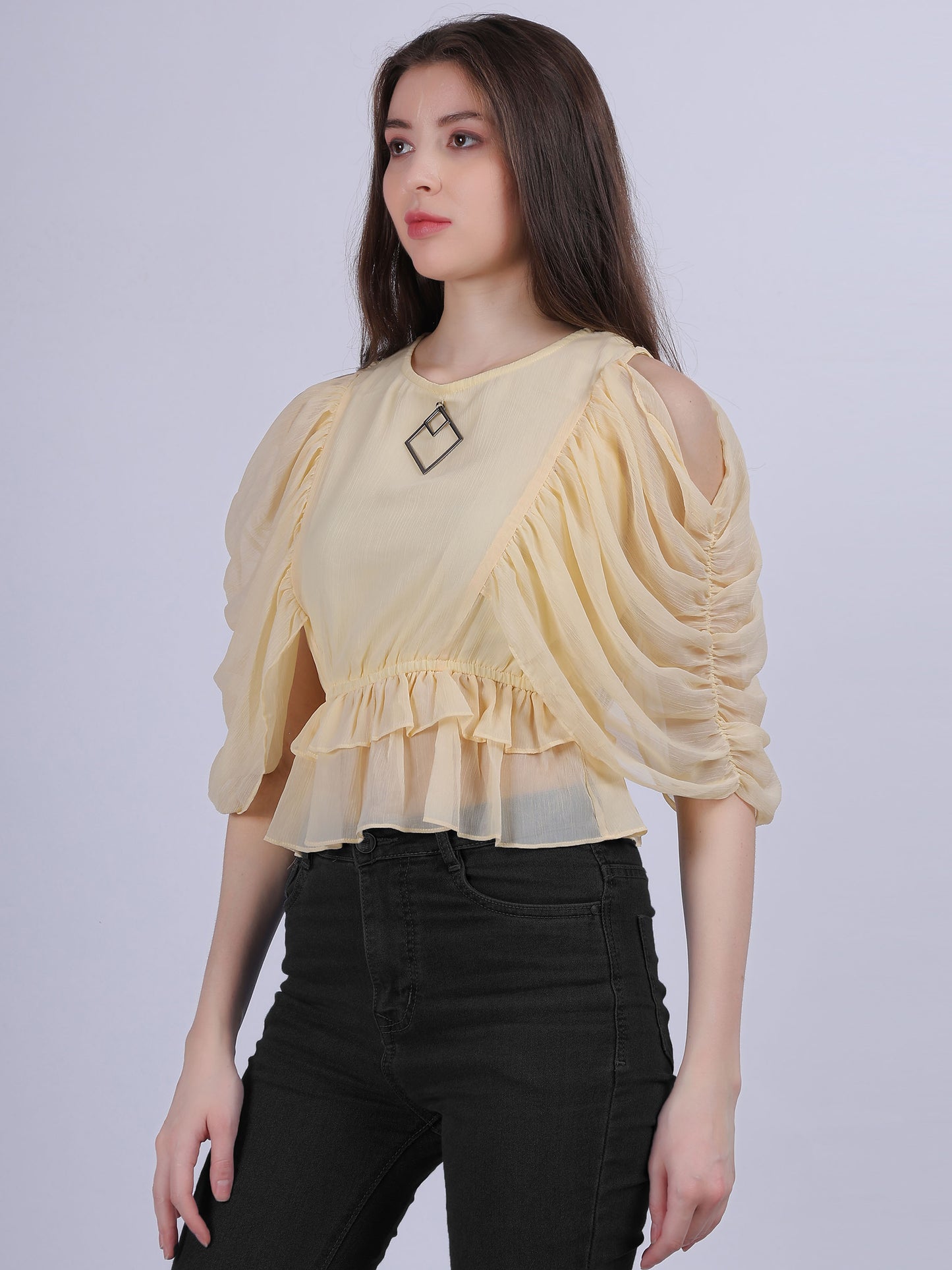 Yellow Solid Basic Casual Top With Lace Embellishment