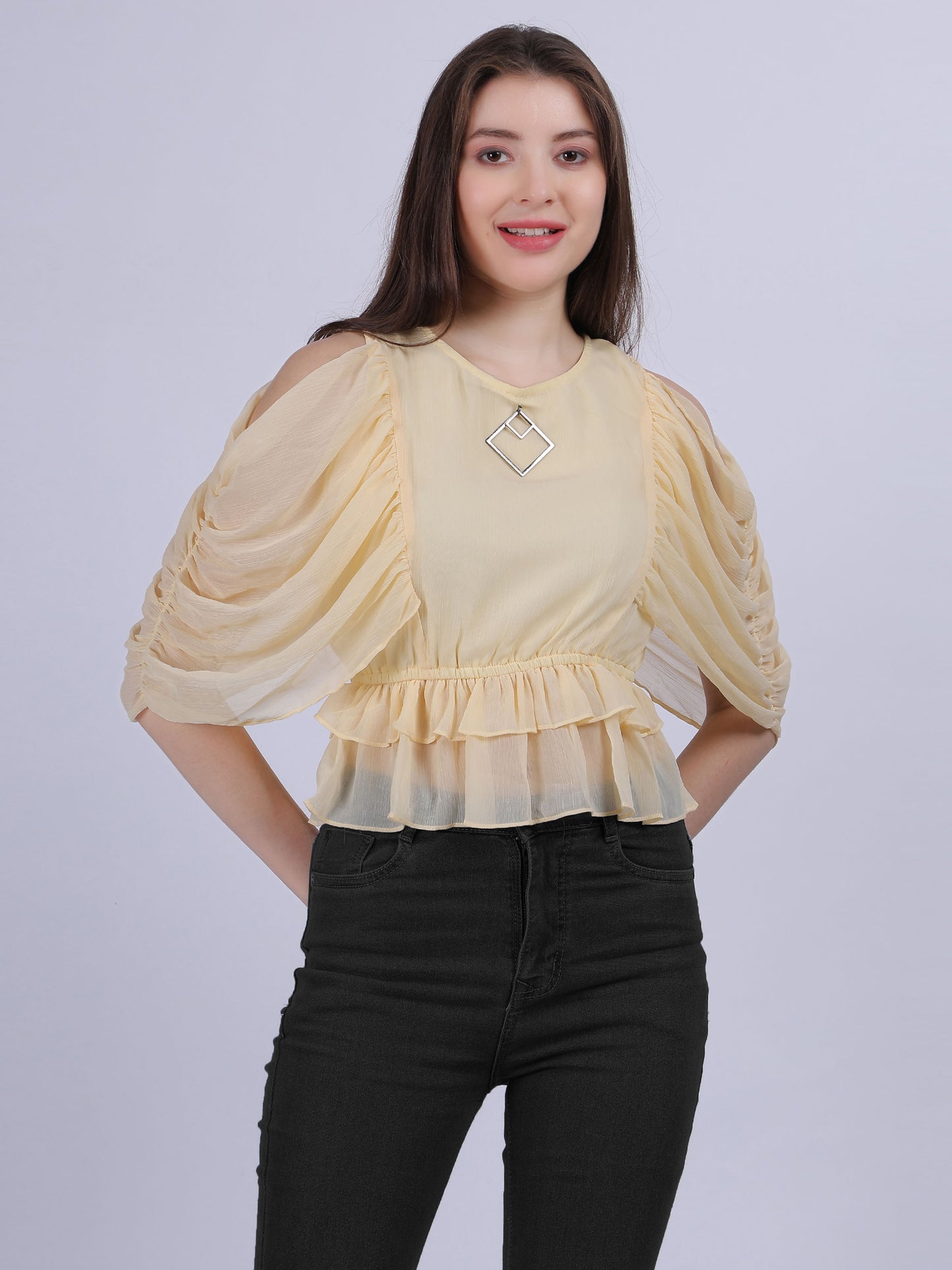Yellow Solid Basic Casual Top With Lace Embellishment