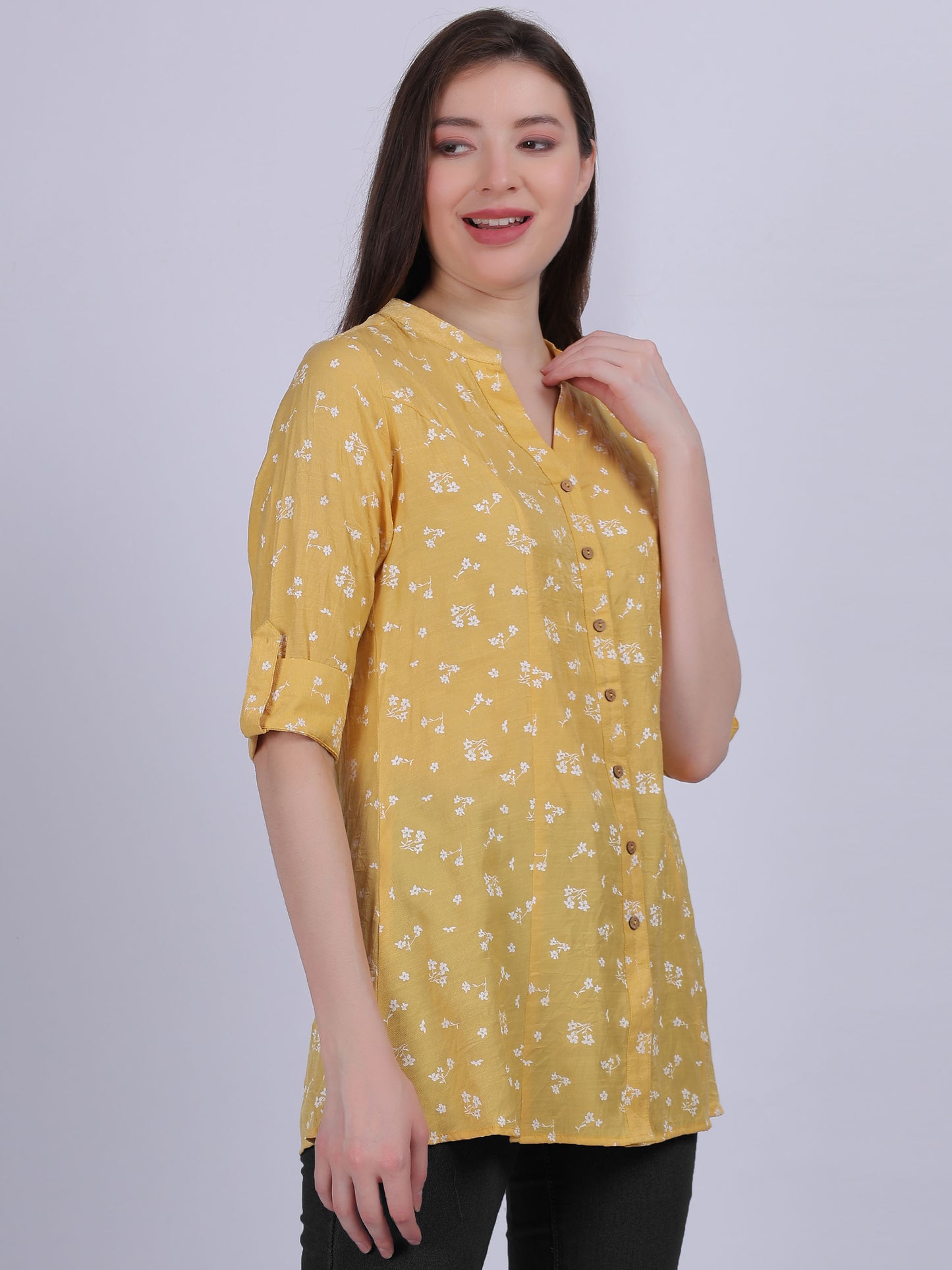 Floral Print Long Tunic Top With Turn-up Sleeves