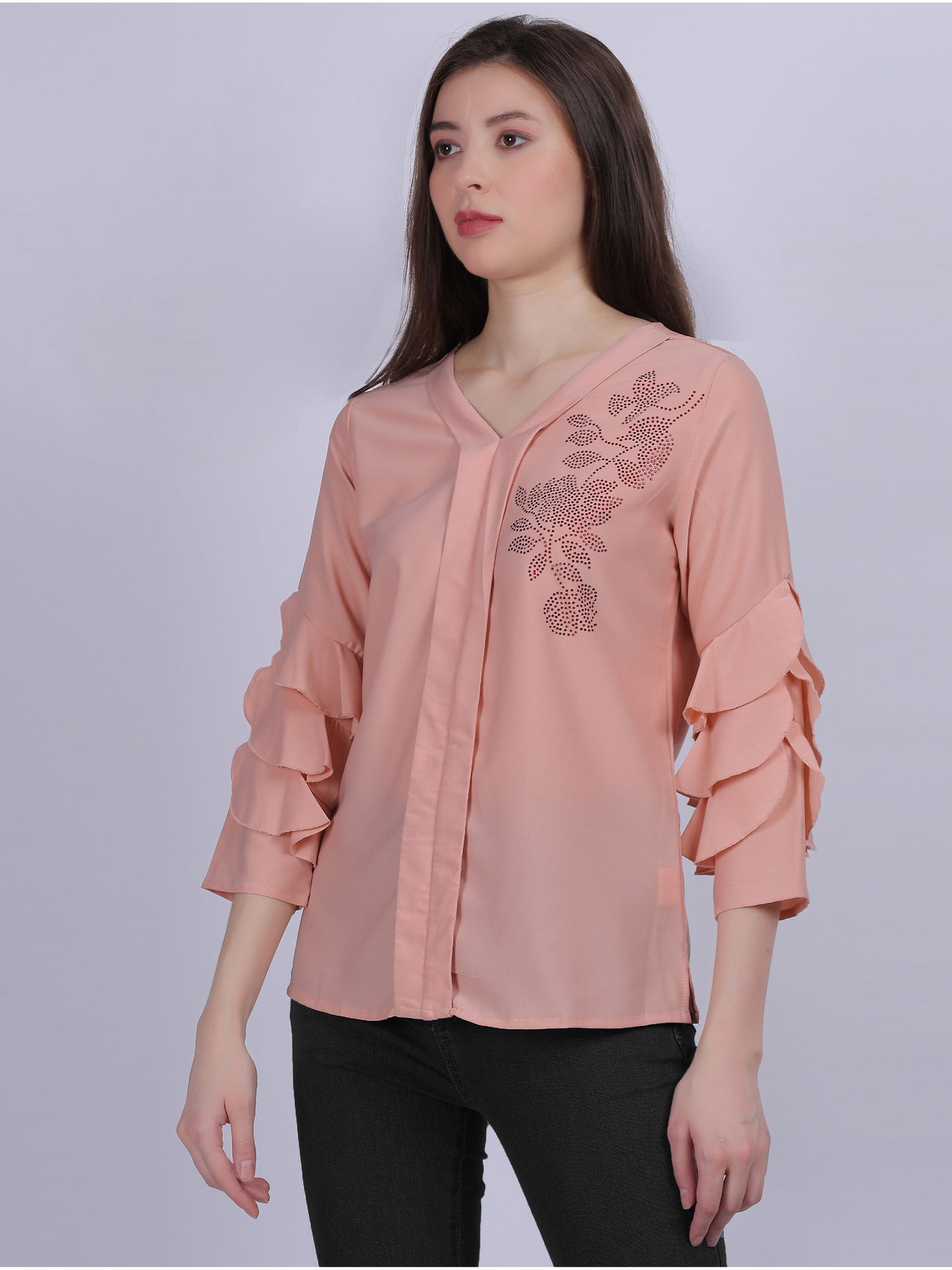 Peach Basic Casual Fashion Top With Layered Sleeves