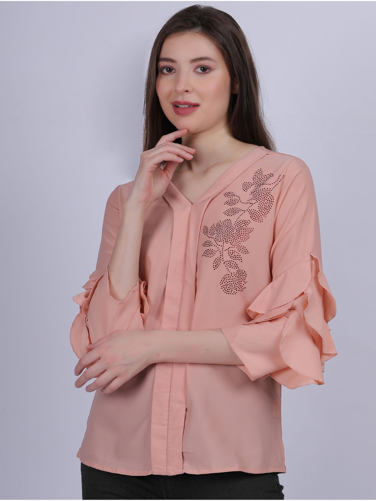 Peach Basic Casual Fashion Top With Layered Sleeves
