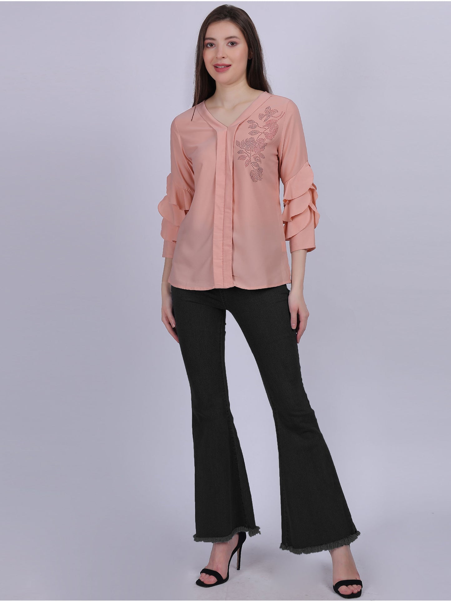 Peach Basic Casual Fashion Top With Layered Sleeves