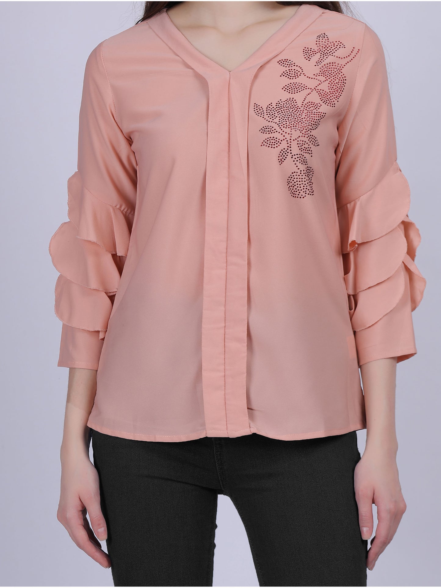 Peach Basic Casual Fashion Top With Layered Sleeves