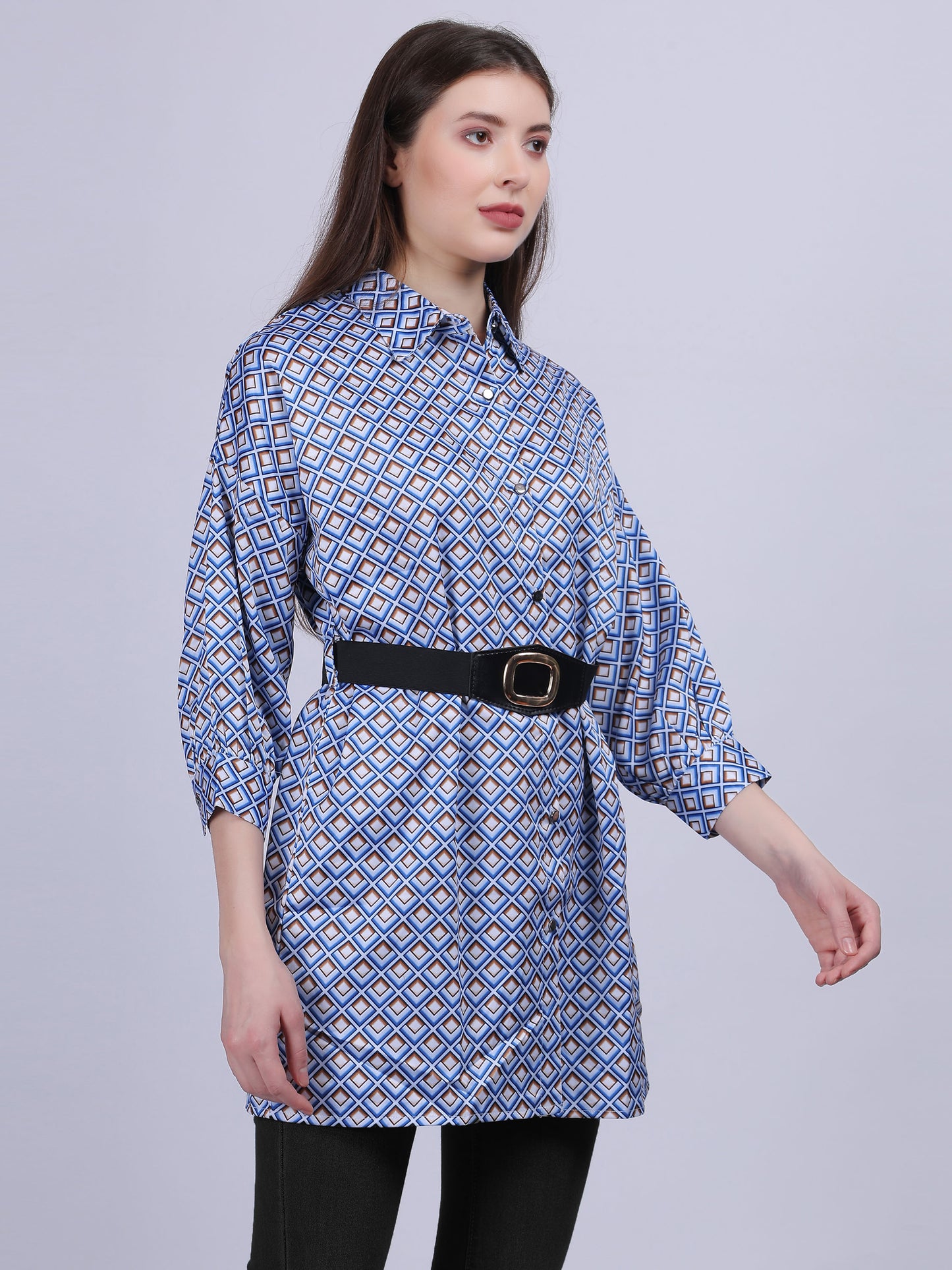 Geometric Print Tunic Top With Fashion Belt