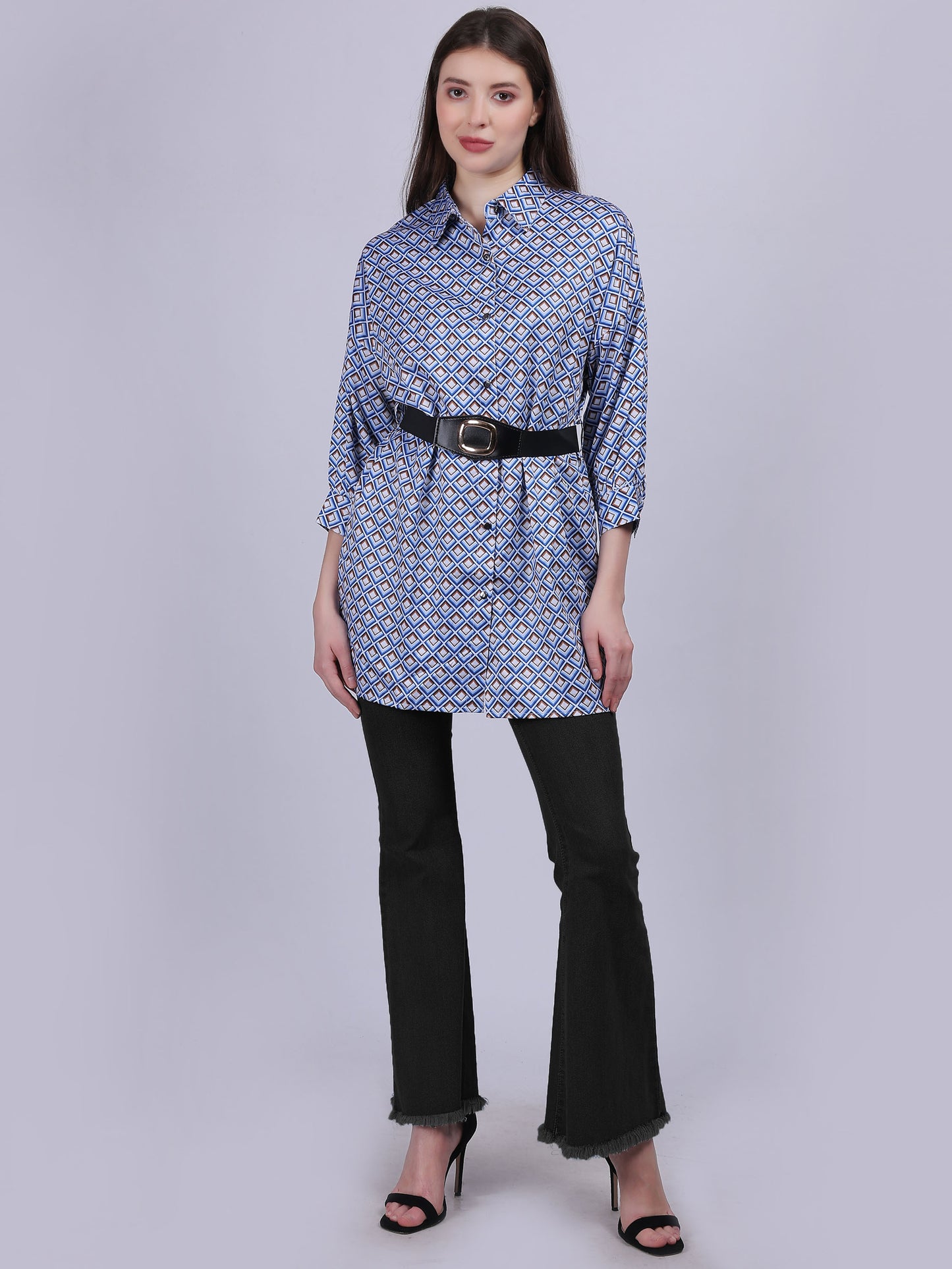 Geometric Print Tunic Top With Fashion Belt