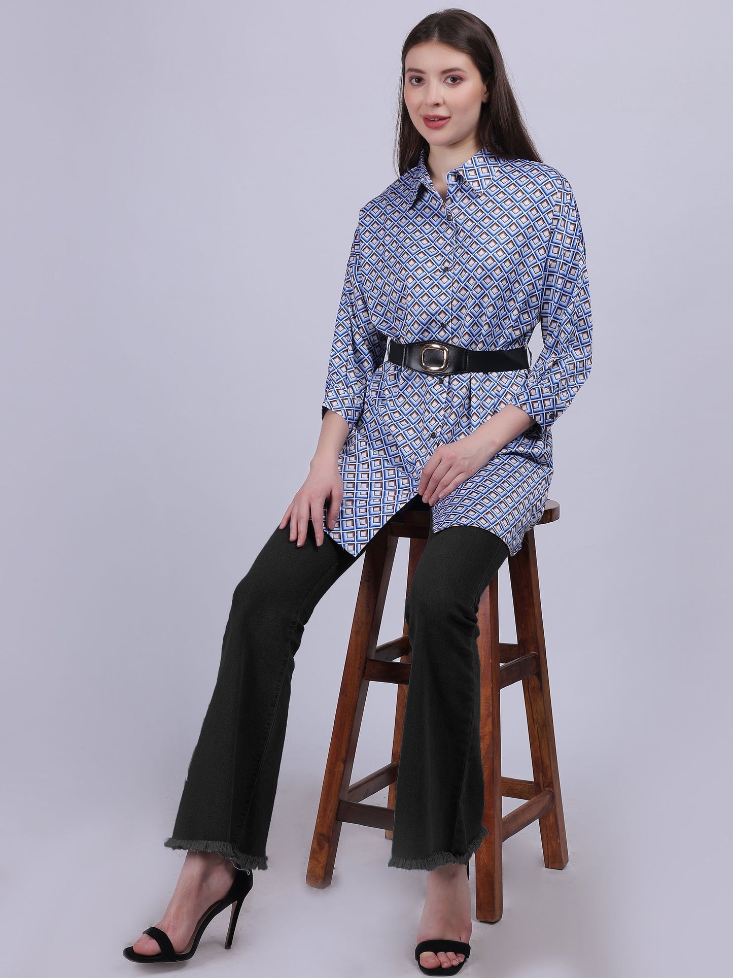 Geometric Print Tunic Top With Fashion Belt