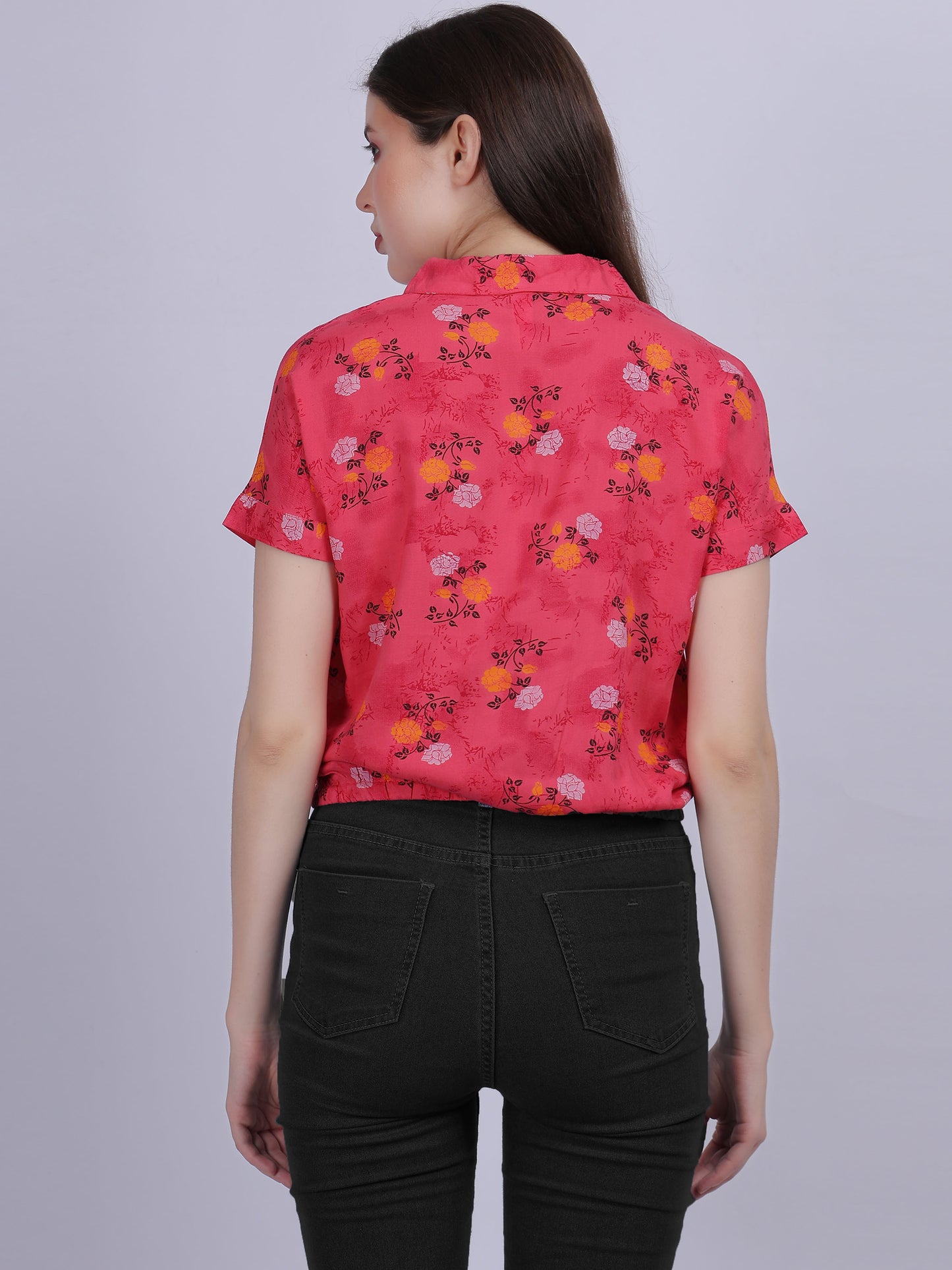 Pink Floral Print Casual Crop Shirt
