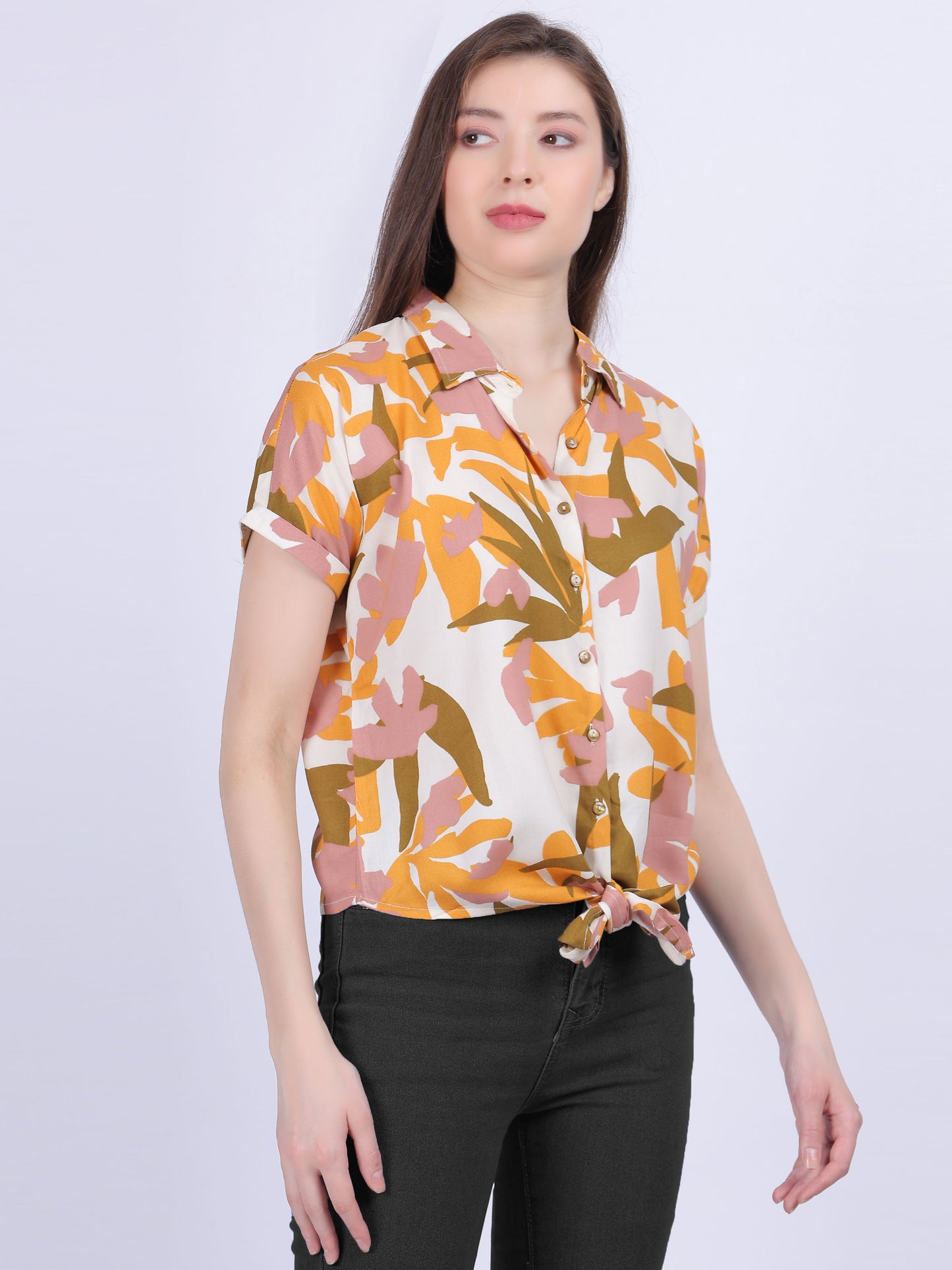 Leaf Print Knot Style Crop Shirt